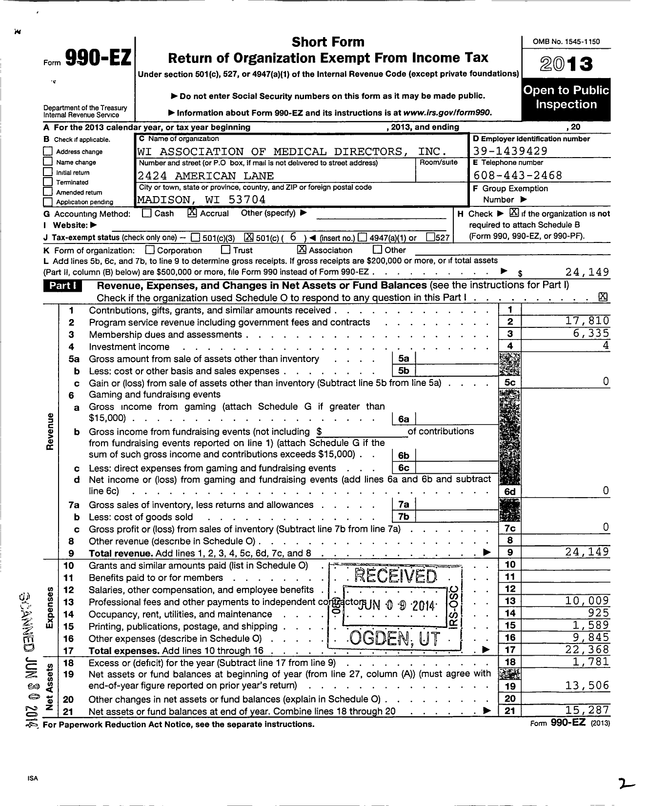 Image of first page of 2013 Form 990EO for Wi Association of Medical Directors