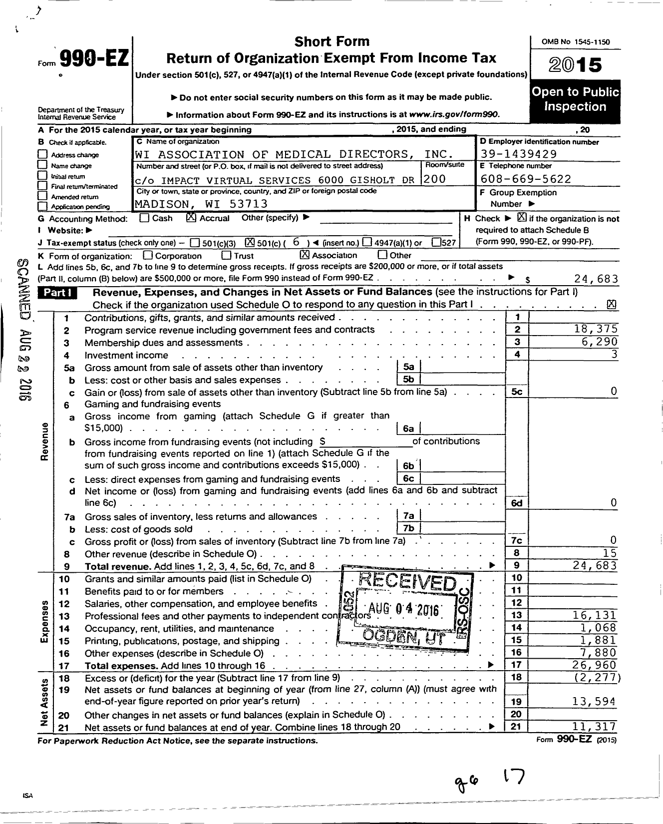 Image of first page of 2015 Form 990EO for Wi Association of Medical Directors