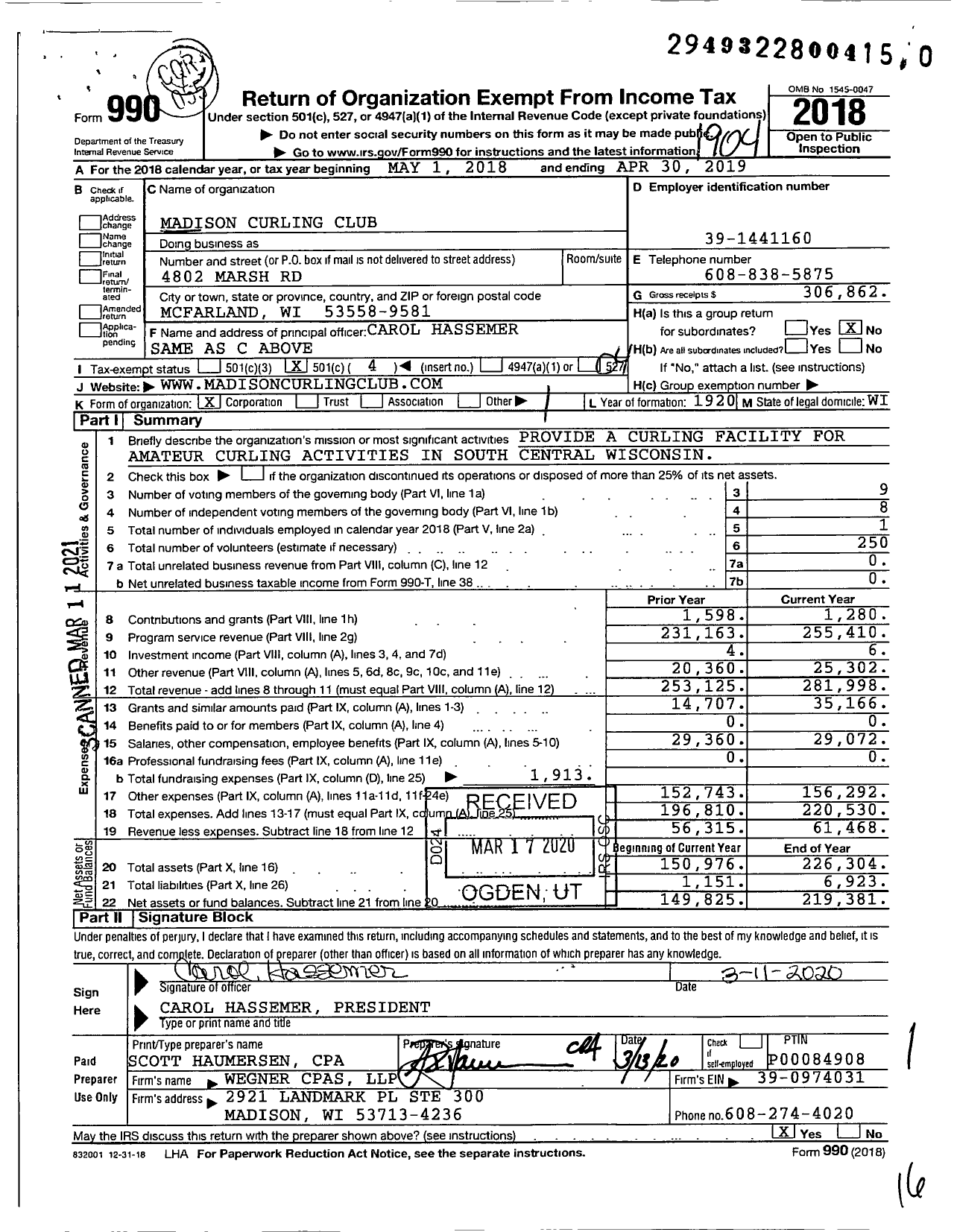 Image of first page of 2018 Form 990O for Madison Curling Club