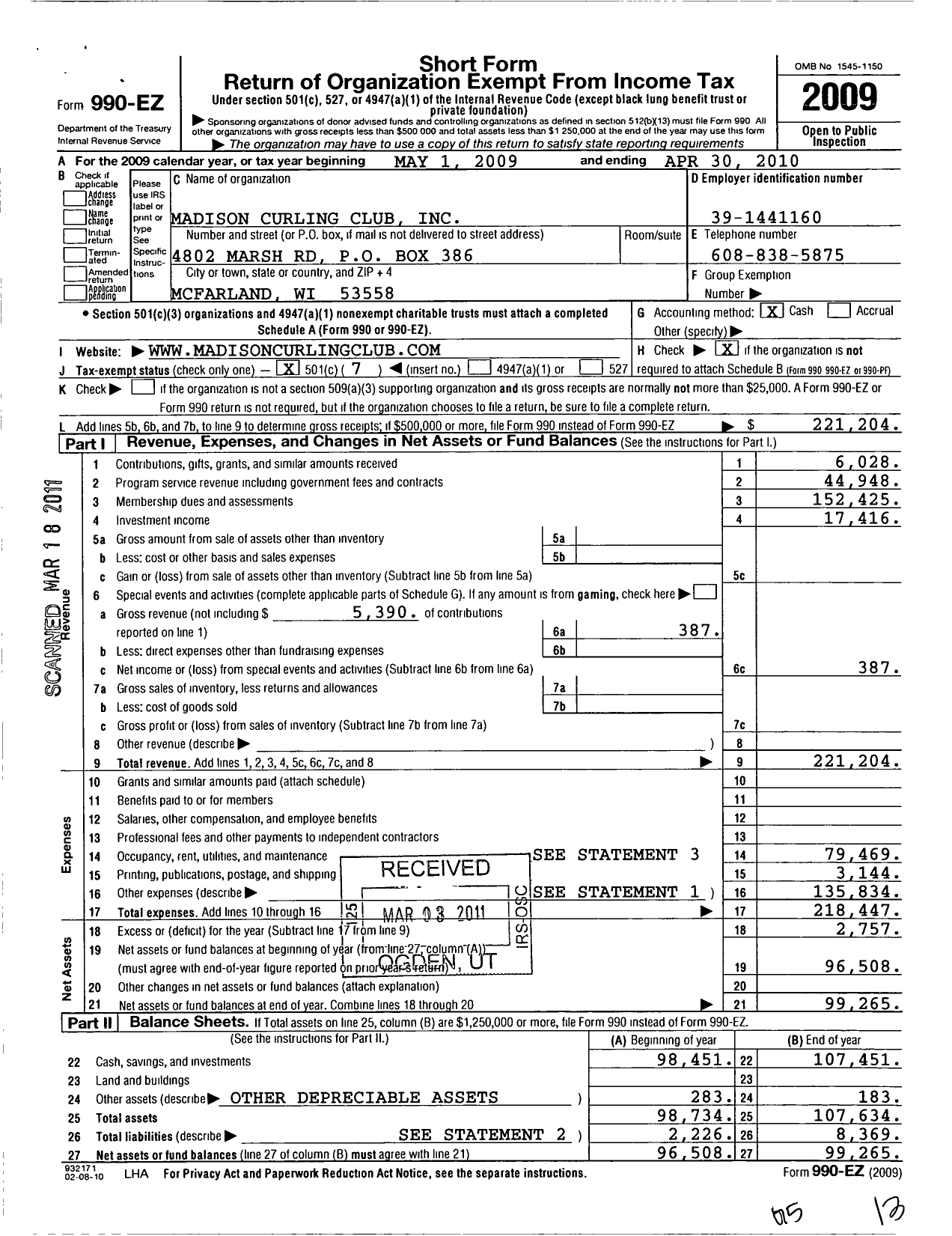 Image of first page of 2009 Form 990EO for Madison Curling Club