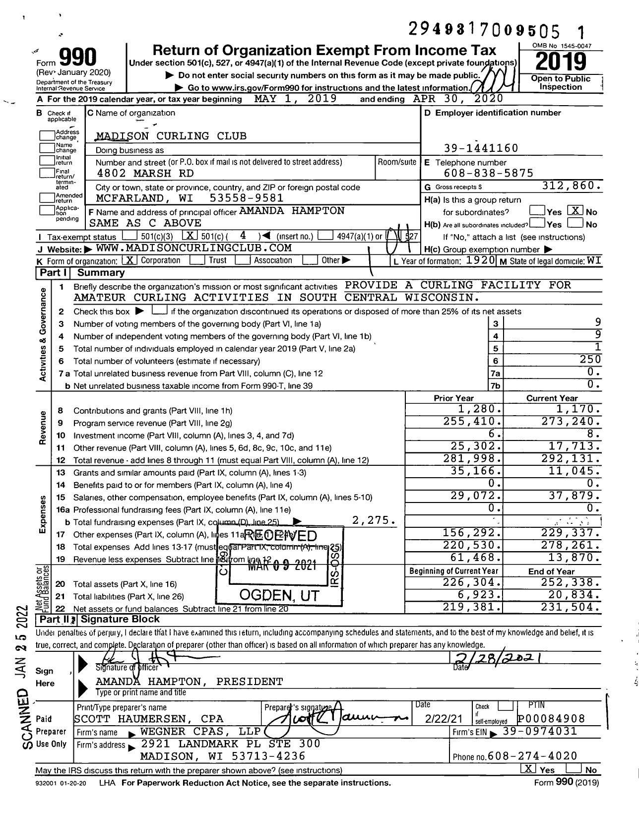 Image of first page of 2019 Form 990O for Madison Curling Club