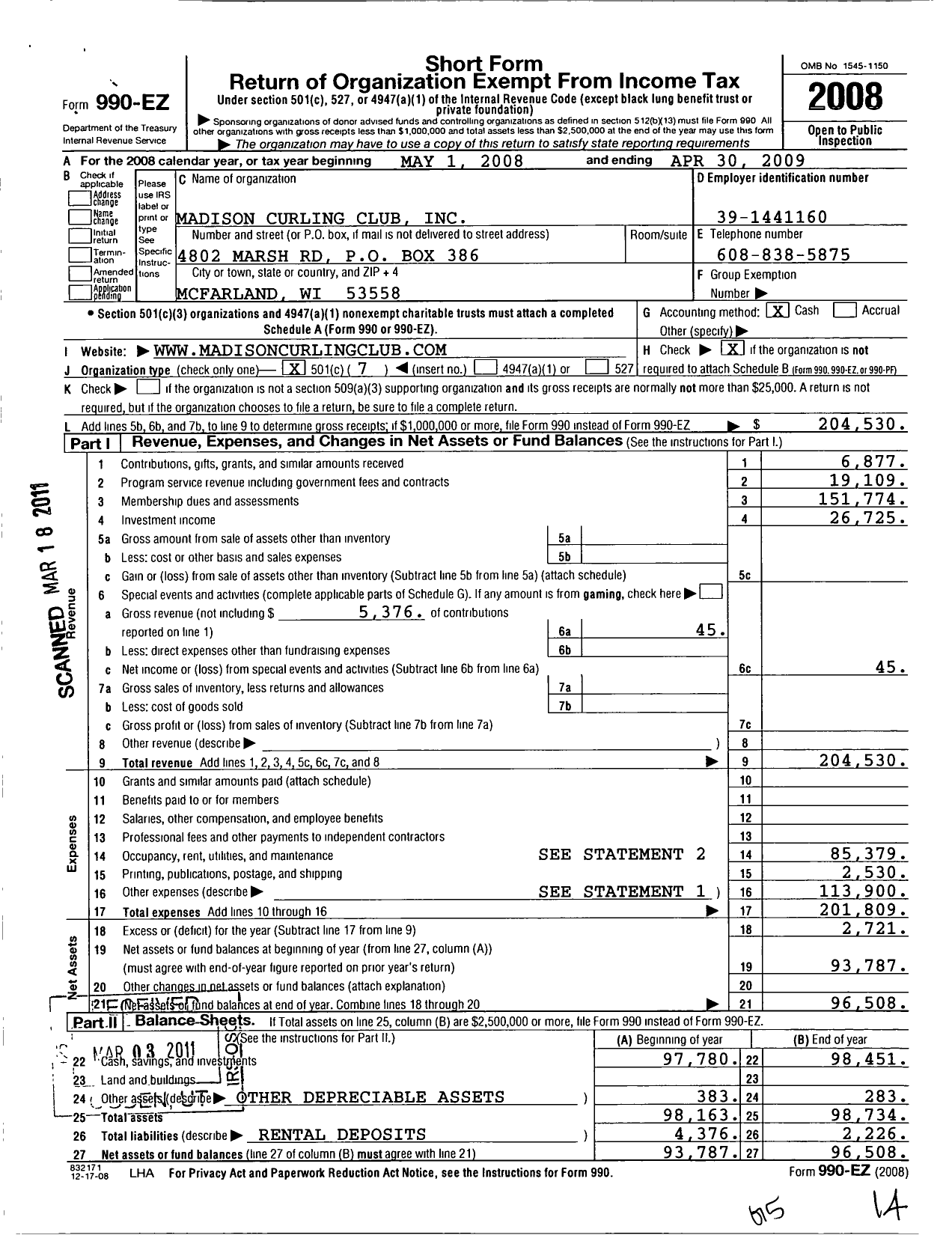 Image of first page of 2008 Form 990EO for Madison Curling Club