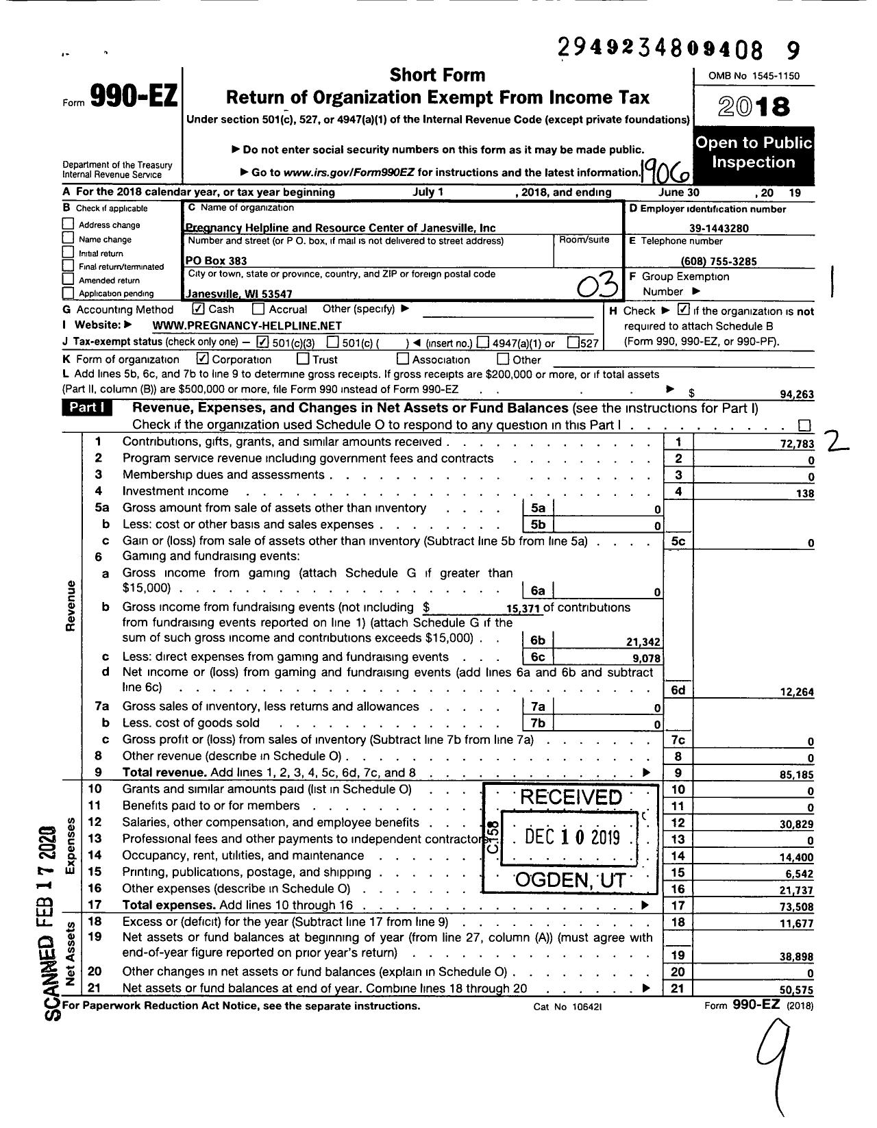 Image of first page of 2018 Form 990EZ for Pregnancy Helpline and Resource Center of Janesville