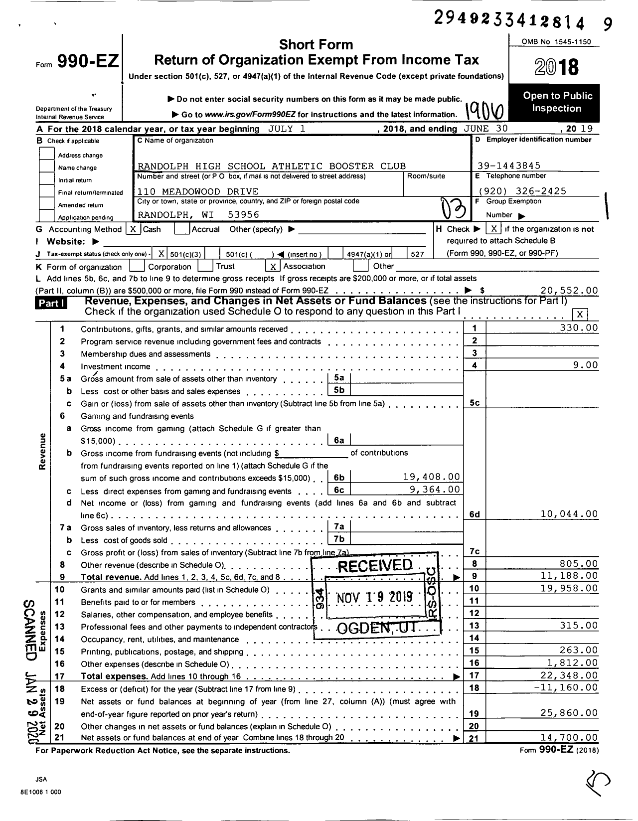 Image of first page of 2018 Form 990EZ for Randolph High School Athletic Booster Club