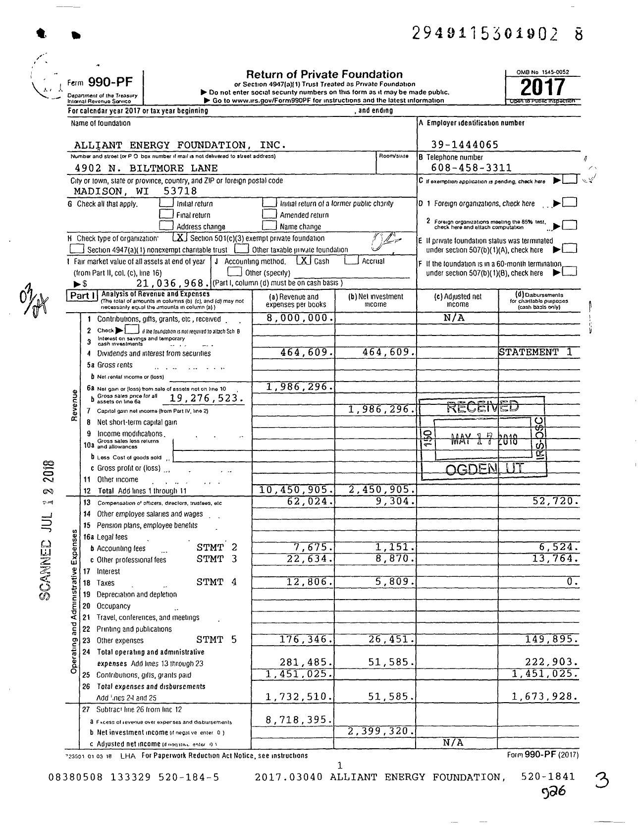 Image of first page of 2017 Form 990PF for Alliant Energy Foundation