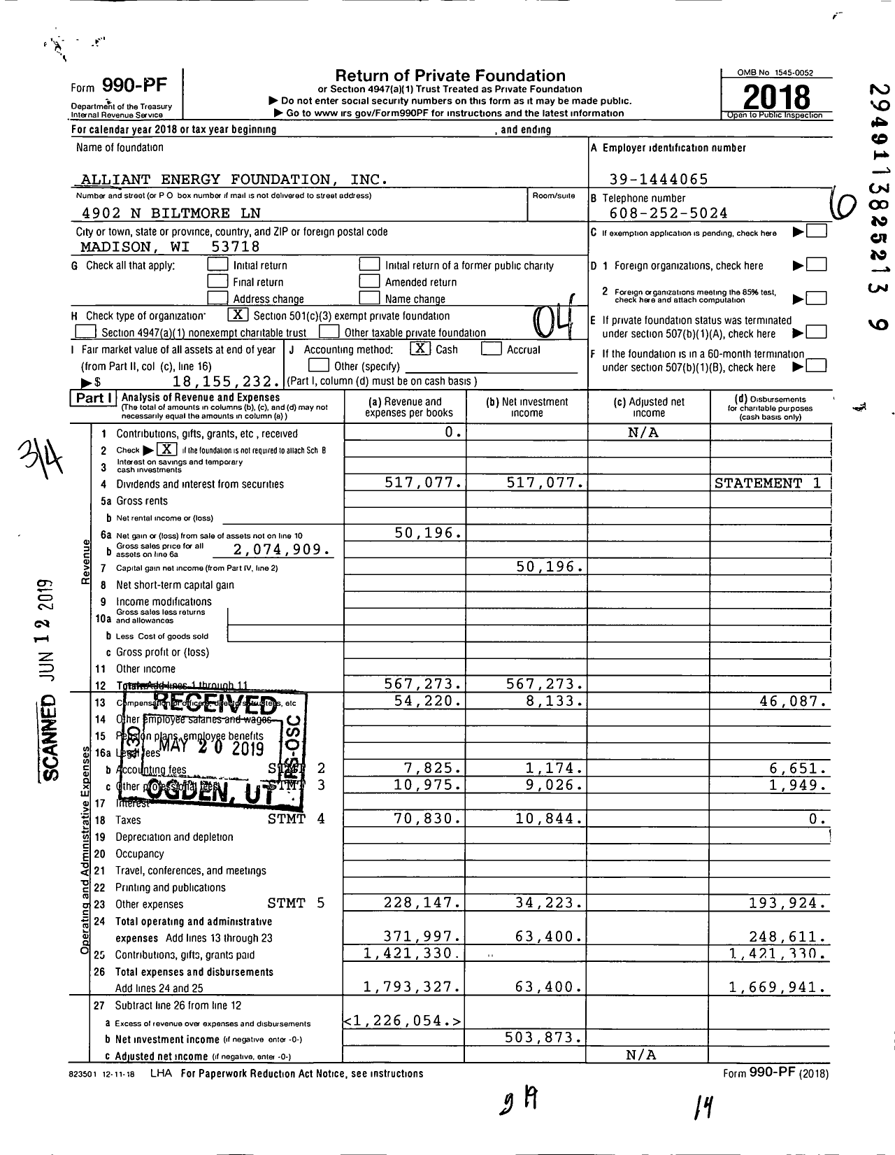 Image of first page of 2018 Form 990PF for Alliant Energy Foundation