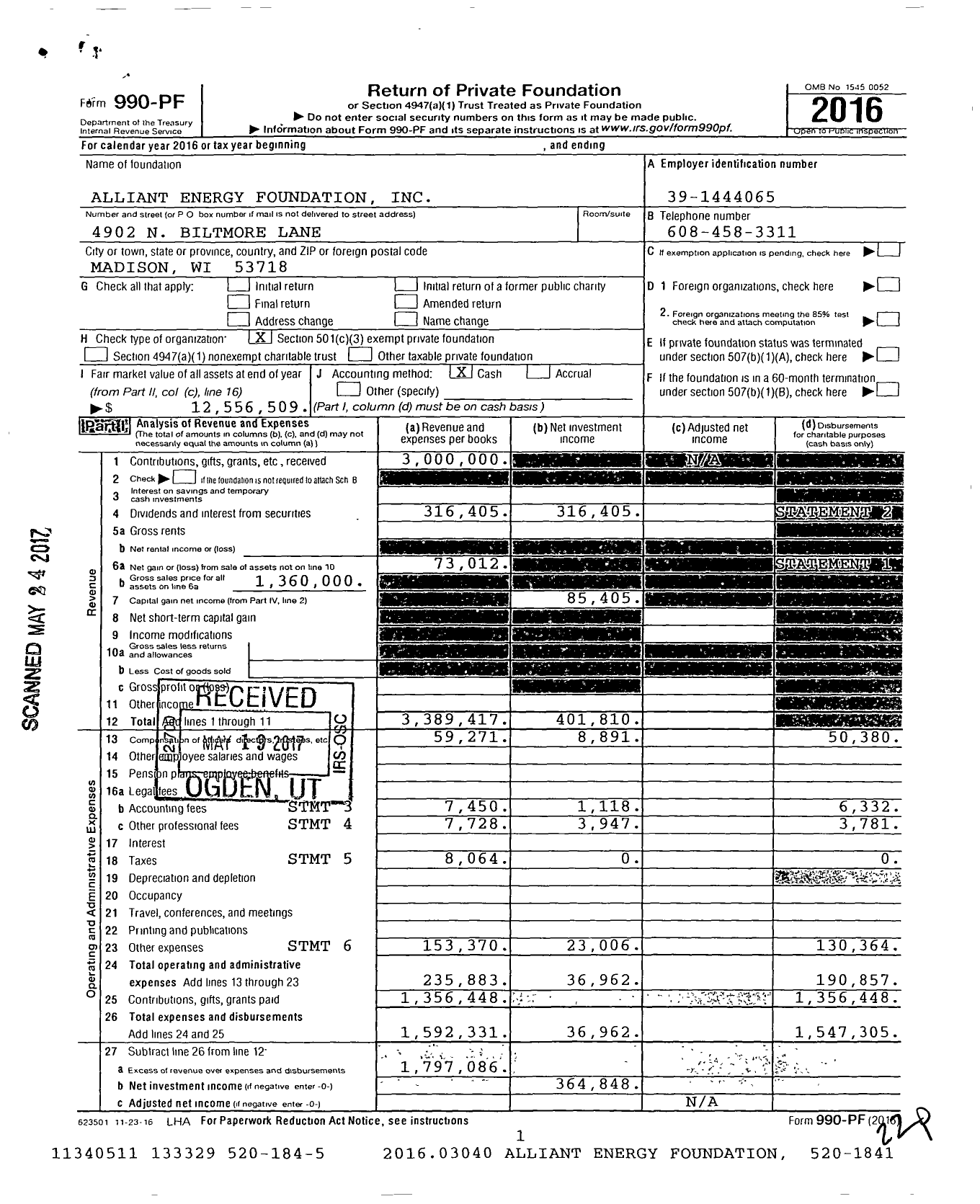 Image of first page of 2016 Form 990PF for Alliant Energy Foundation