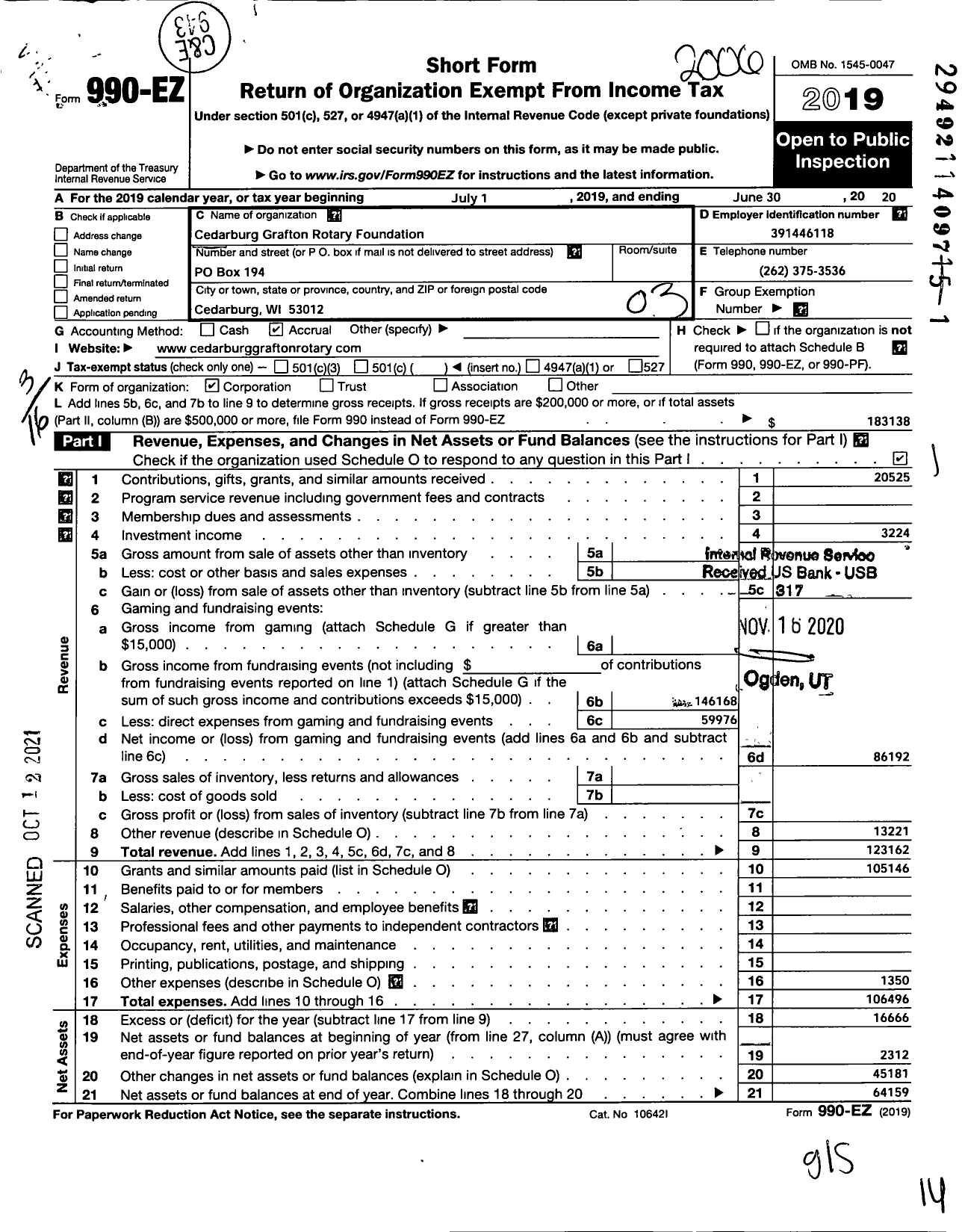 Image of first page of 2019 Form 990EZ for Cedarburg Grafton Rotary Foundation