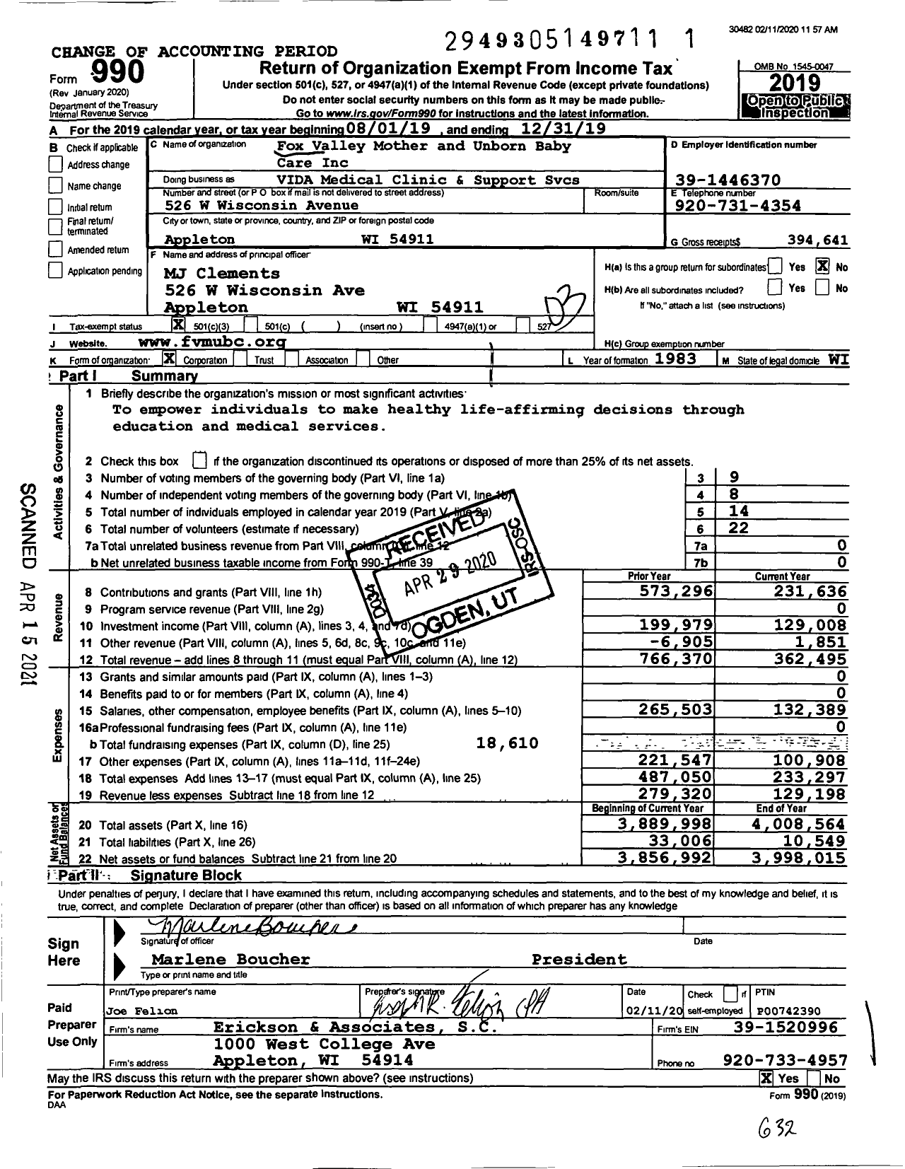 Image of first page of 2019 Form 990 for Vida