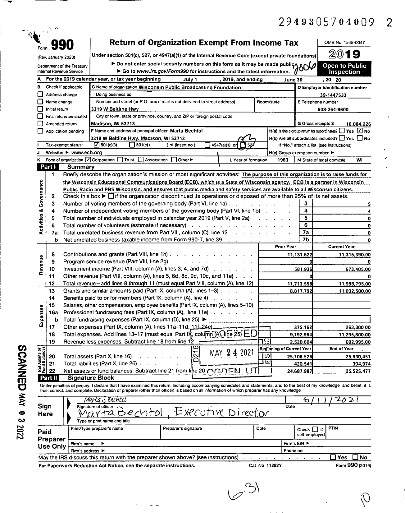 Image of first page of 2019 Form 990 for Wisconsin Public Broadcasting Foundation