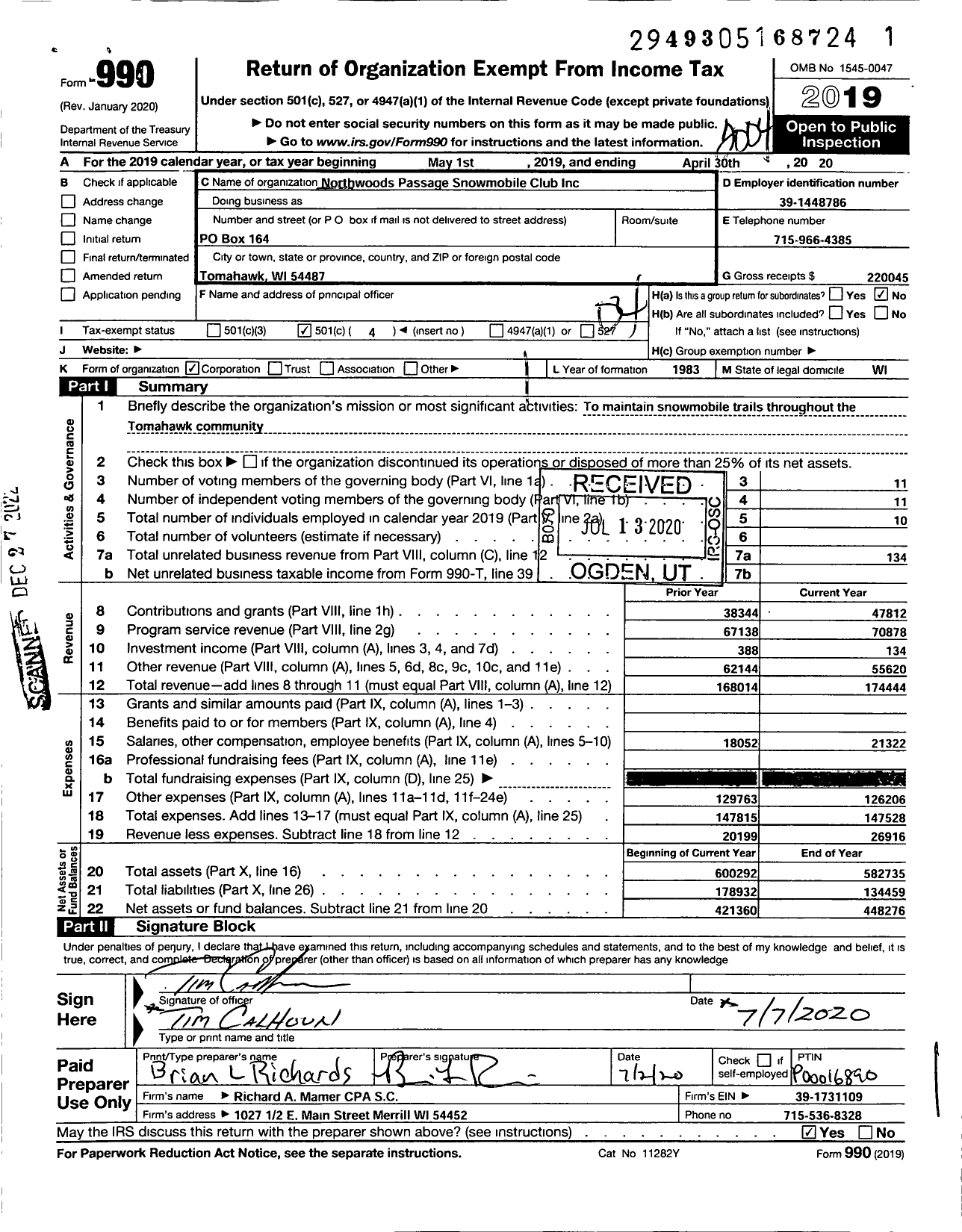 Image of first page of 2019 Form 990O for Northwoods Passage Snowmobile Club