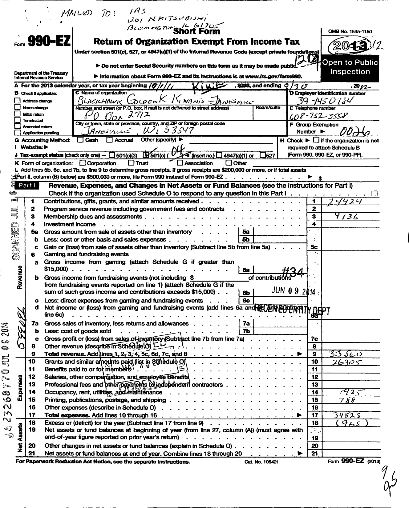 Image of first page of 2011 Form 990EO for Kiwanis International - K10983 Janesville Blackhawk Gold K