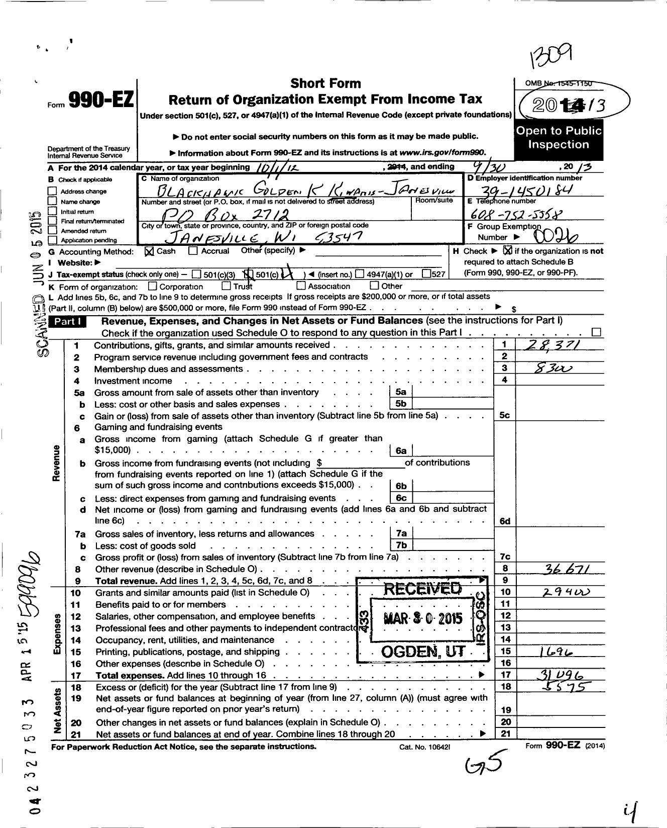 Image of first page of 2012 Form 990EO for Kiwanis International - K10983 Janesville Blackhawk Gold K