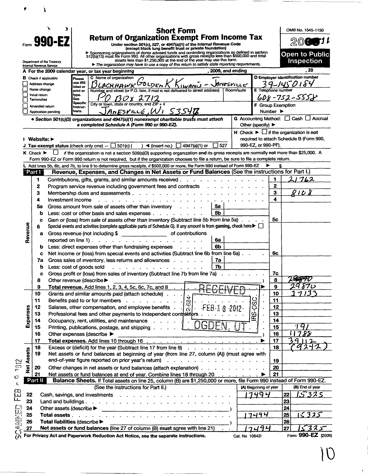 Image of first page of 2011 Form 990EO for Kiwanis International - K10983 Janesville Blackhawk Gold K