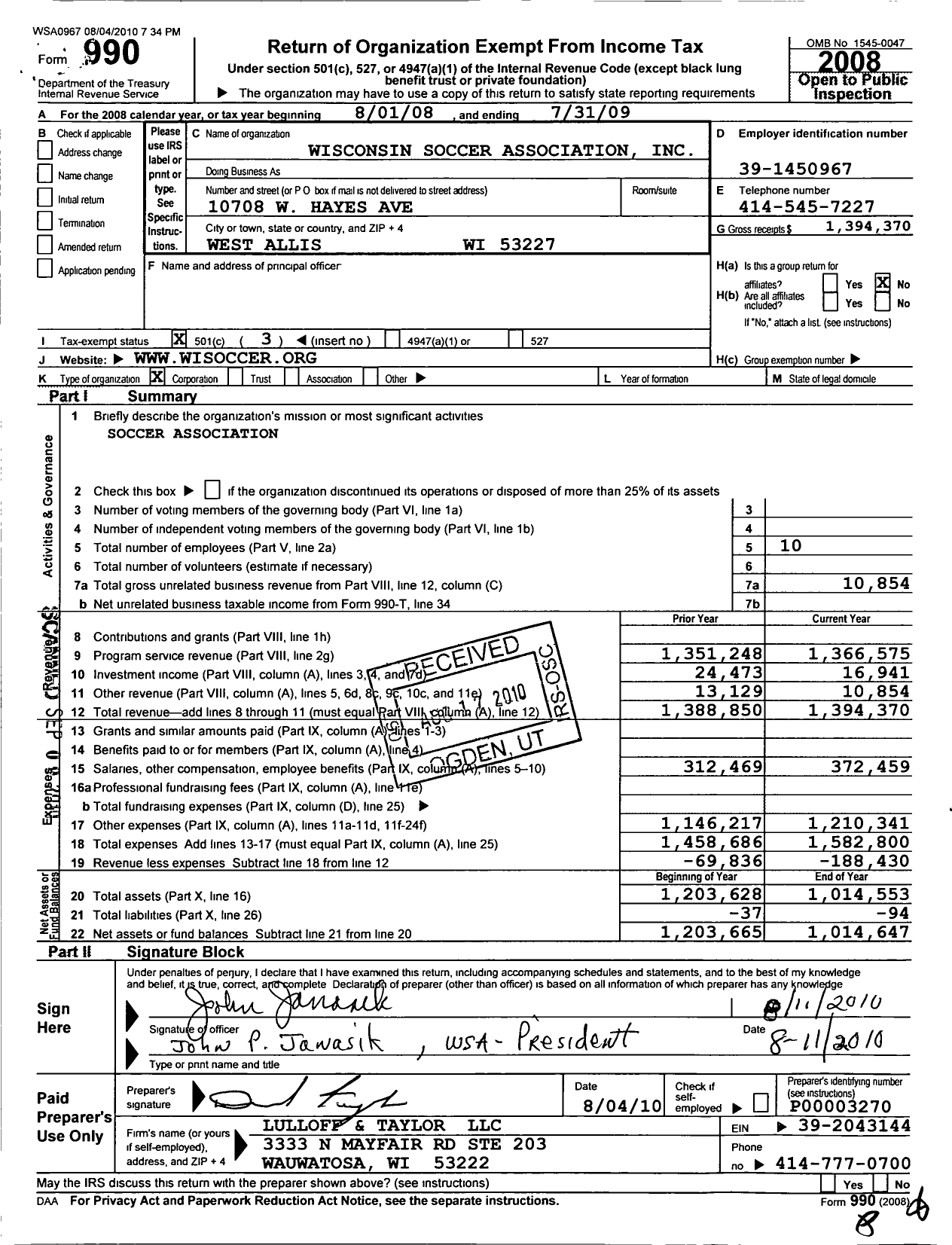 Image of first page of 2008 Form 990 for Wisconsin Soccer Association