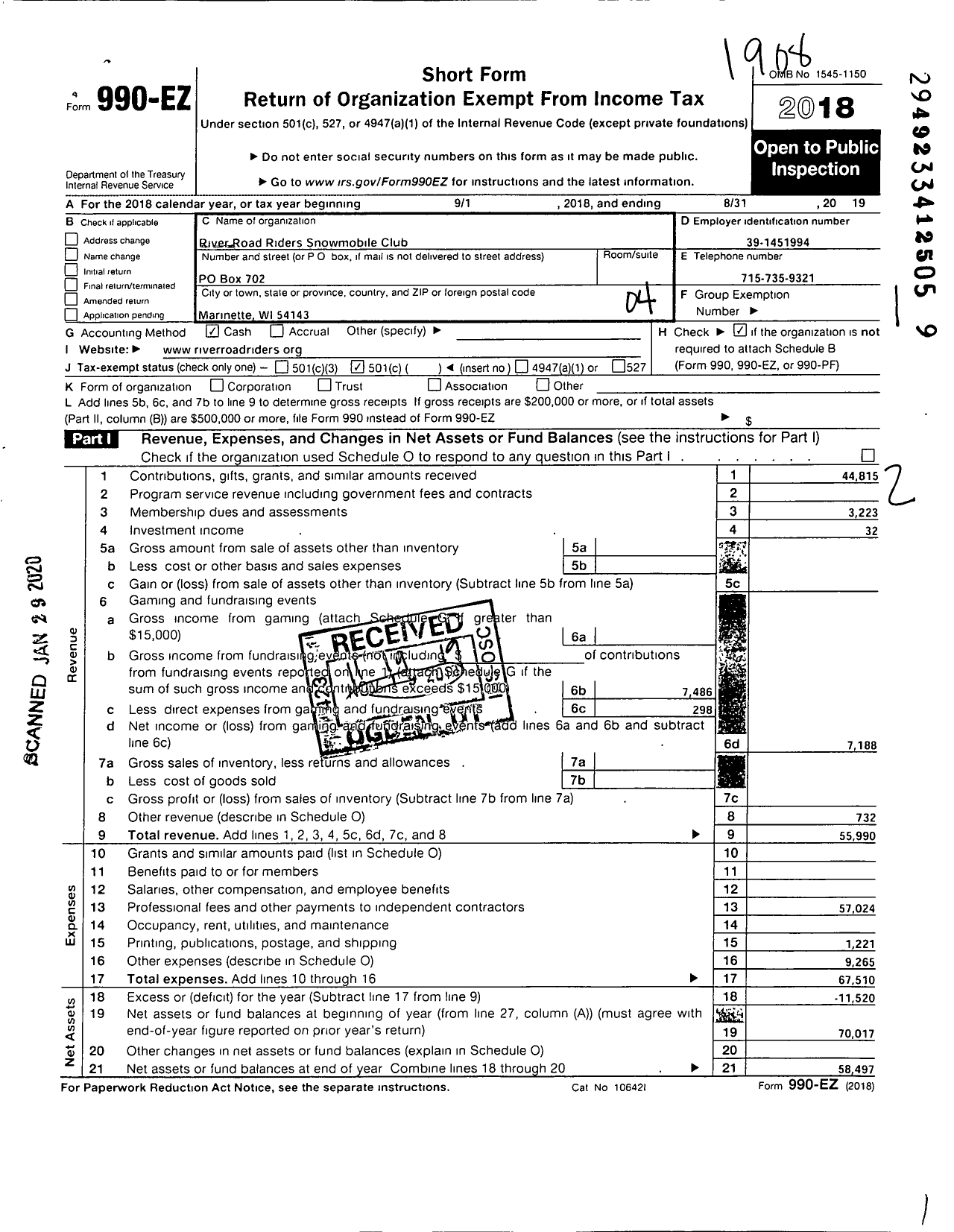 Image of first page of 2018 Form 990EO for River Road Riders Snowmoble Club