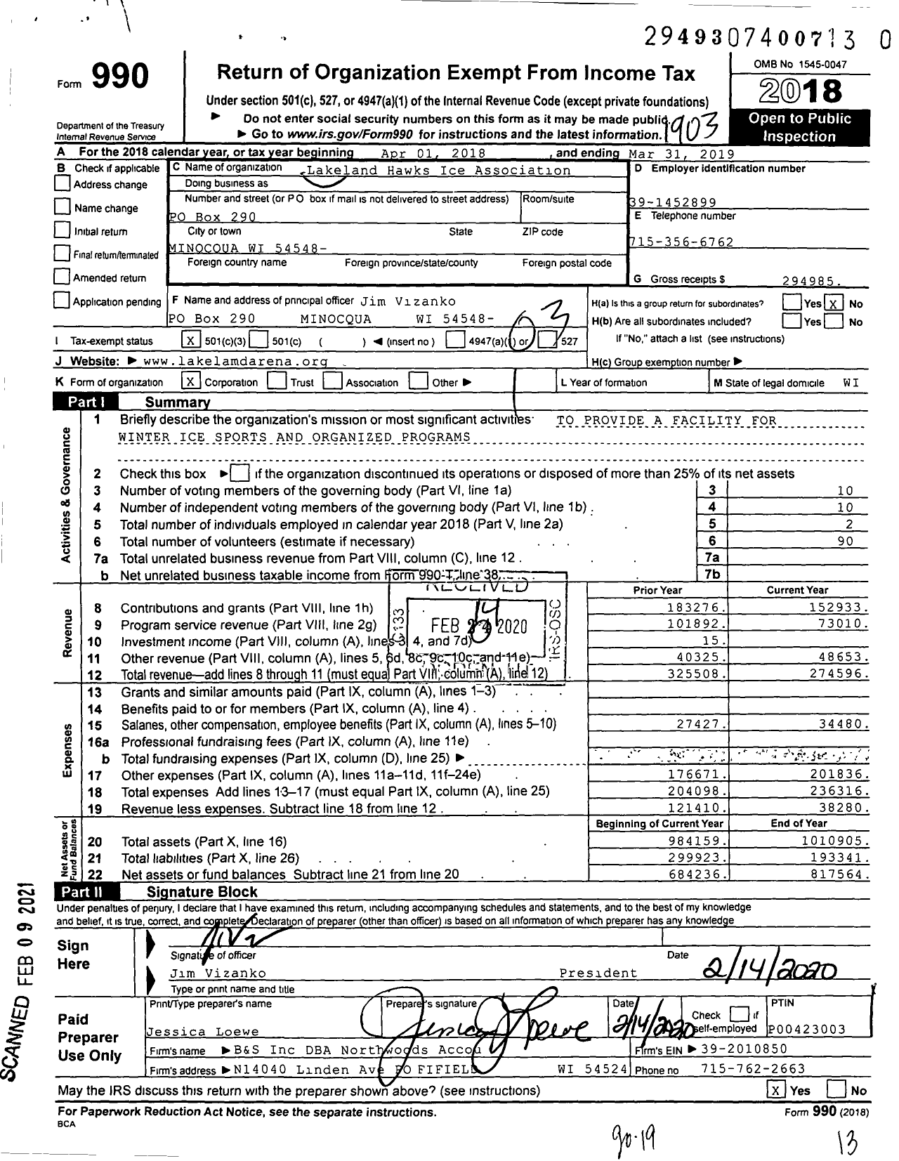 Image of first page of 2018 Form 990 for Lakeland Hawks Ice Association