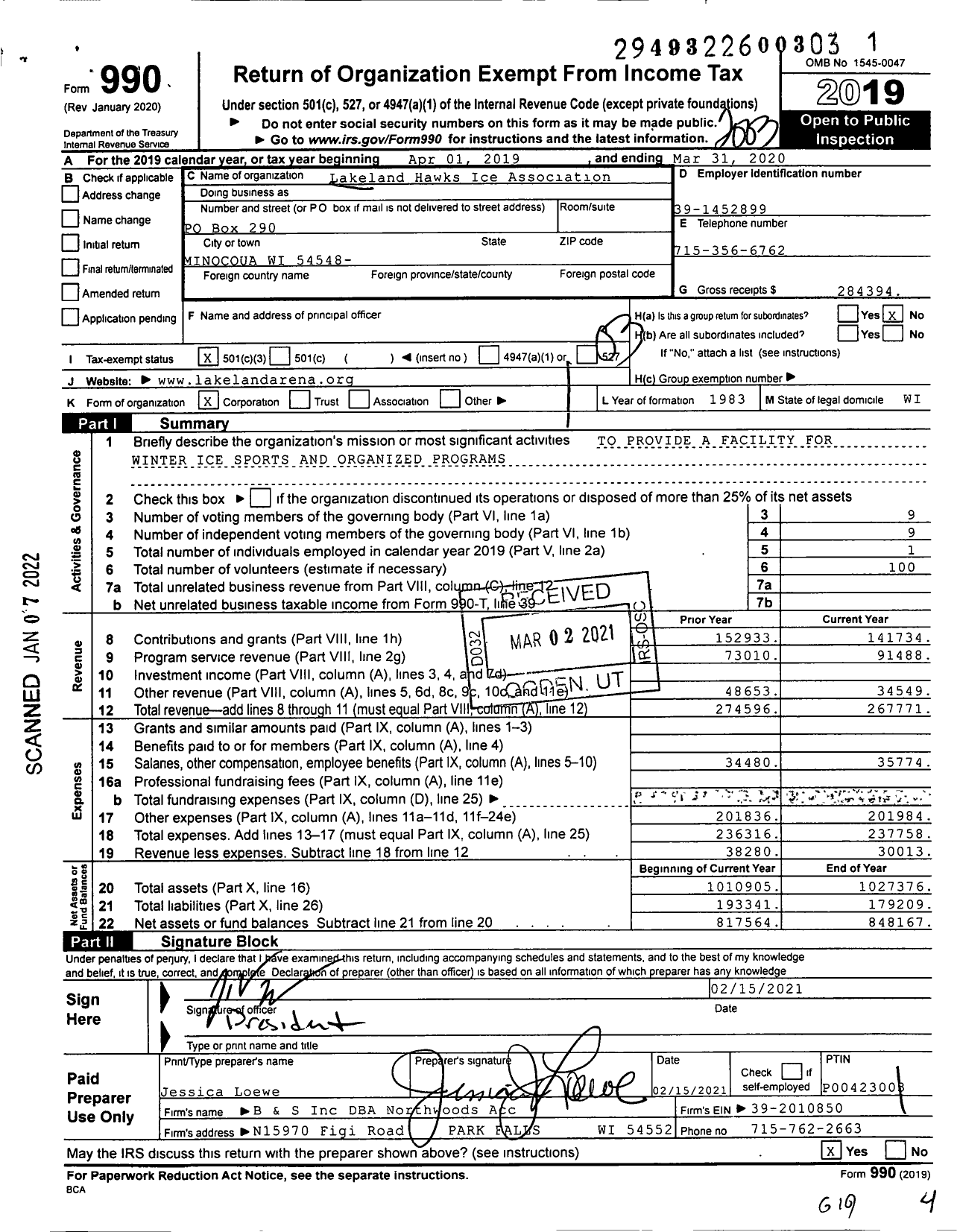 Image of first page of 2019 Form 990 for Lakeland Hawks Ice Association