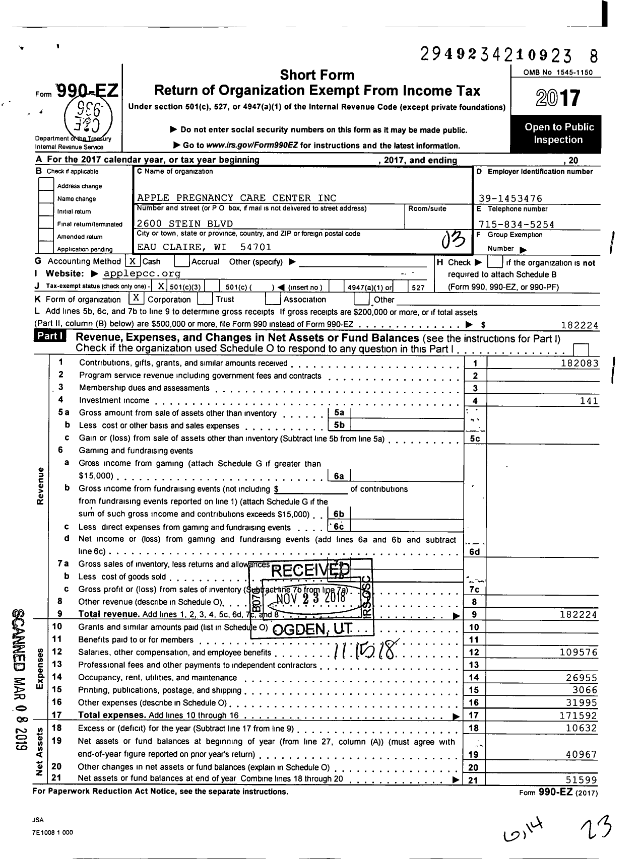 Image of first page of 2017 Form 990EZ for Apple Pregnancy Care Center