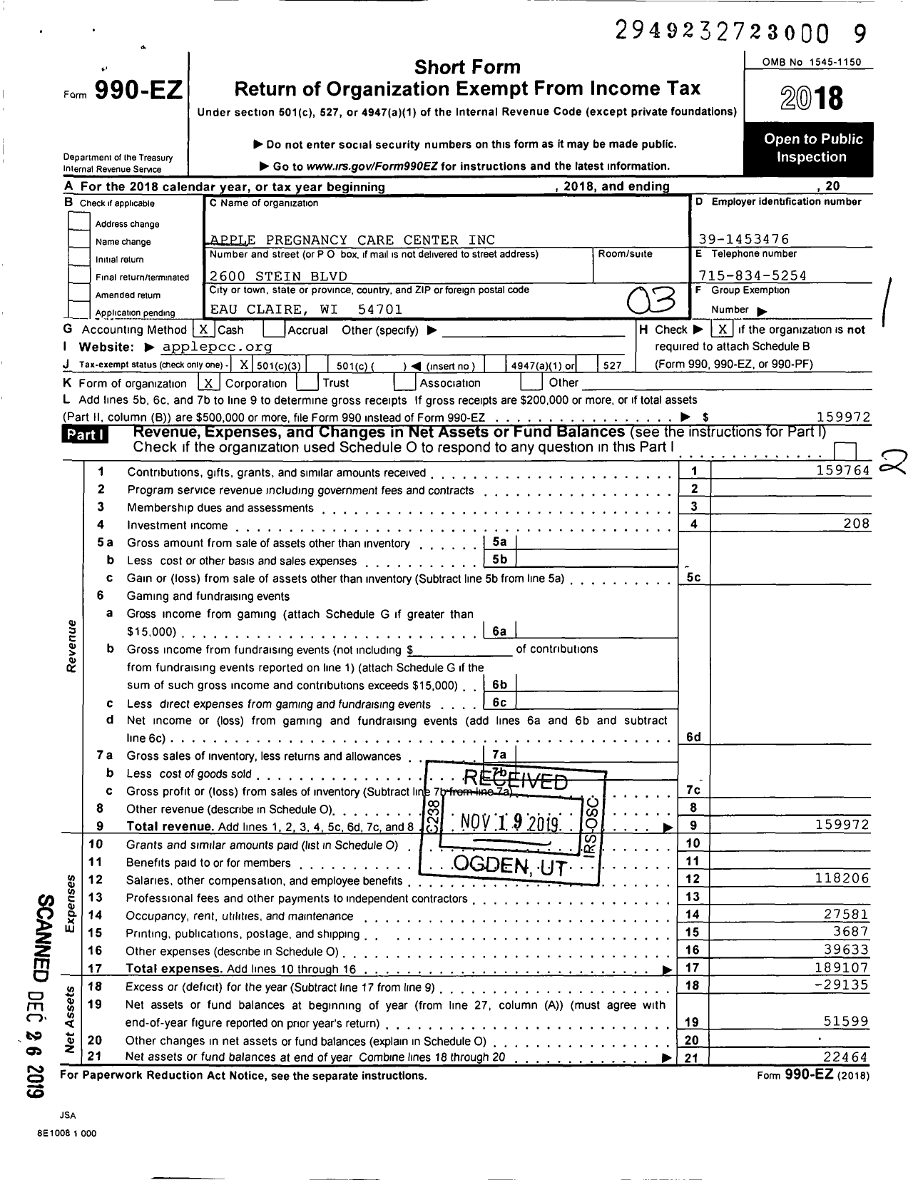 Image of first page of 2018 Form 990EZ for Apple Pregnancy Care Center