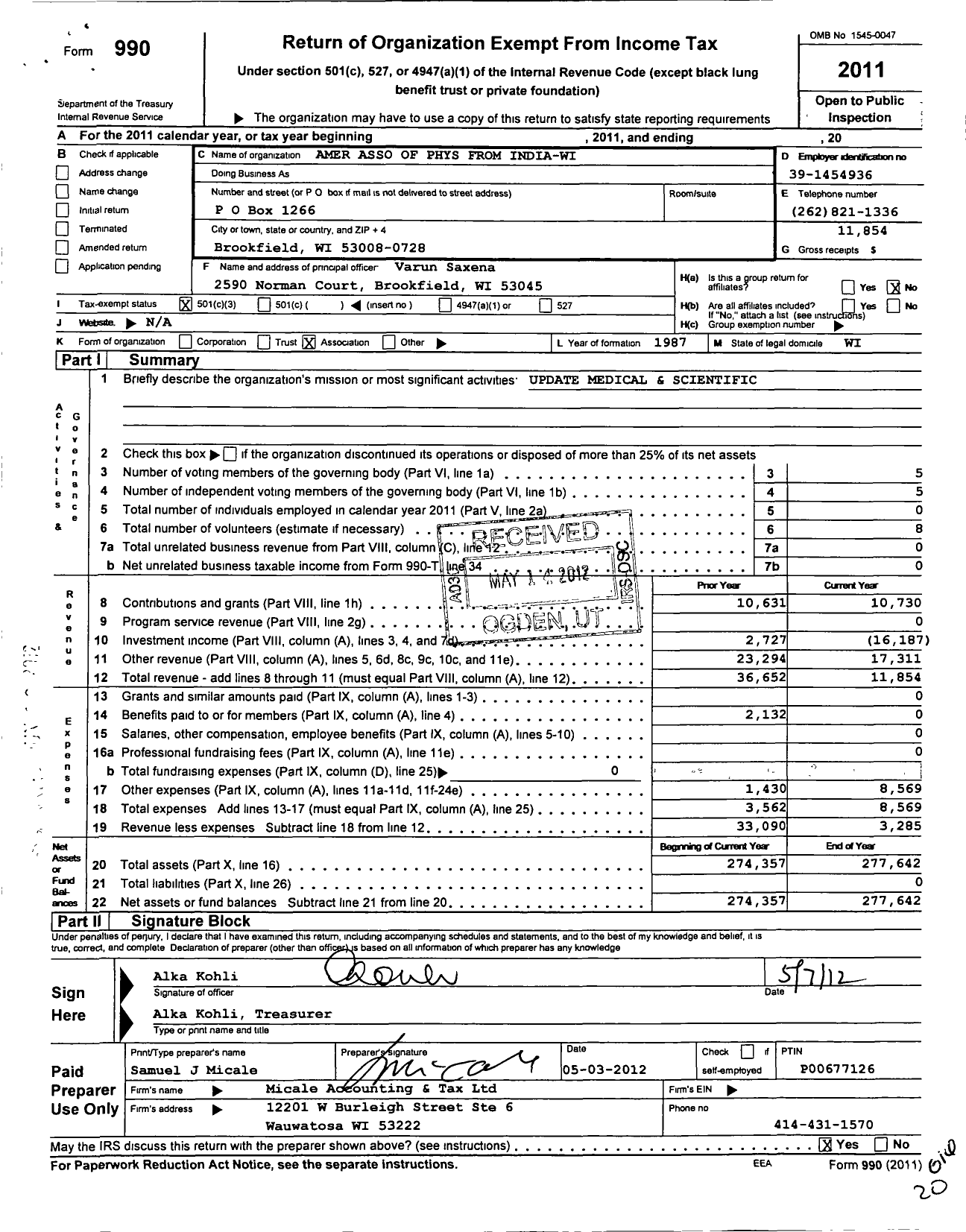 Image of first page of 2011 Form 990 for American Asociation of Physicians From India Wisconsin