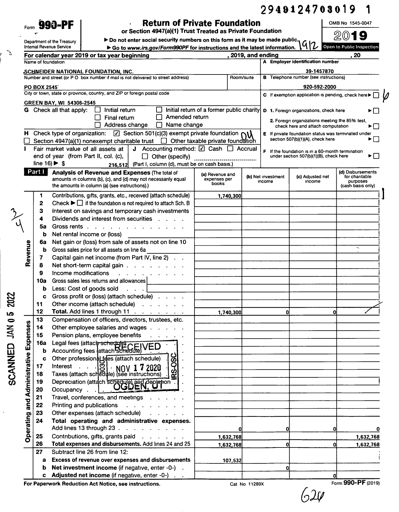 Image of first page of 2019 Form 990PF for Schneider National Foundation