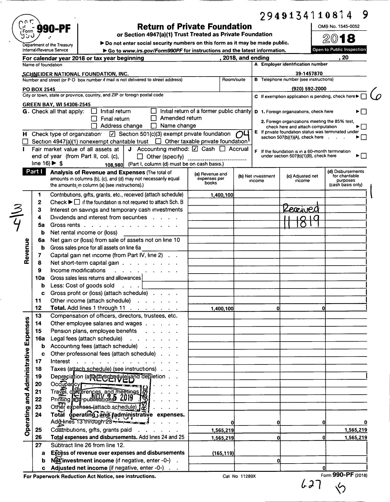 Image of first page of 2018 Form 990PF for Schneider National Foundation