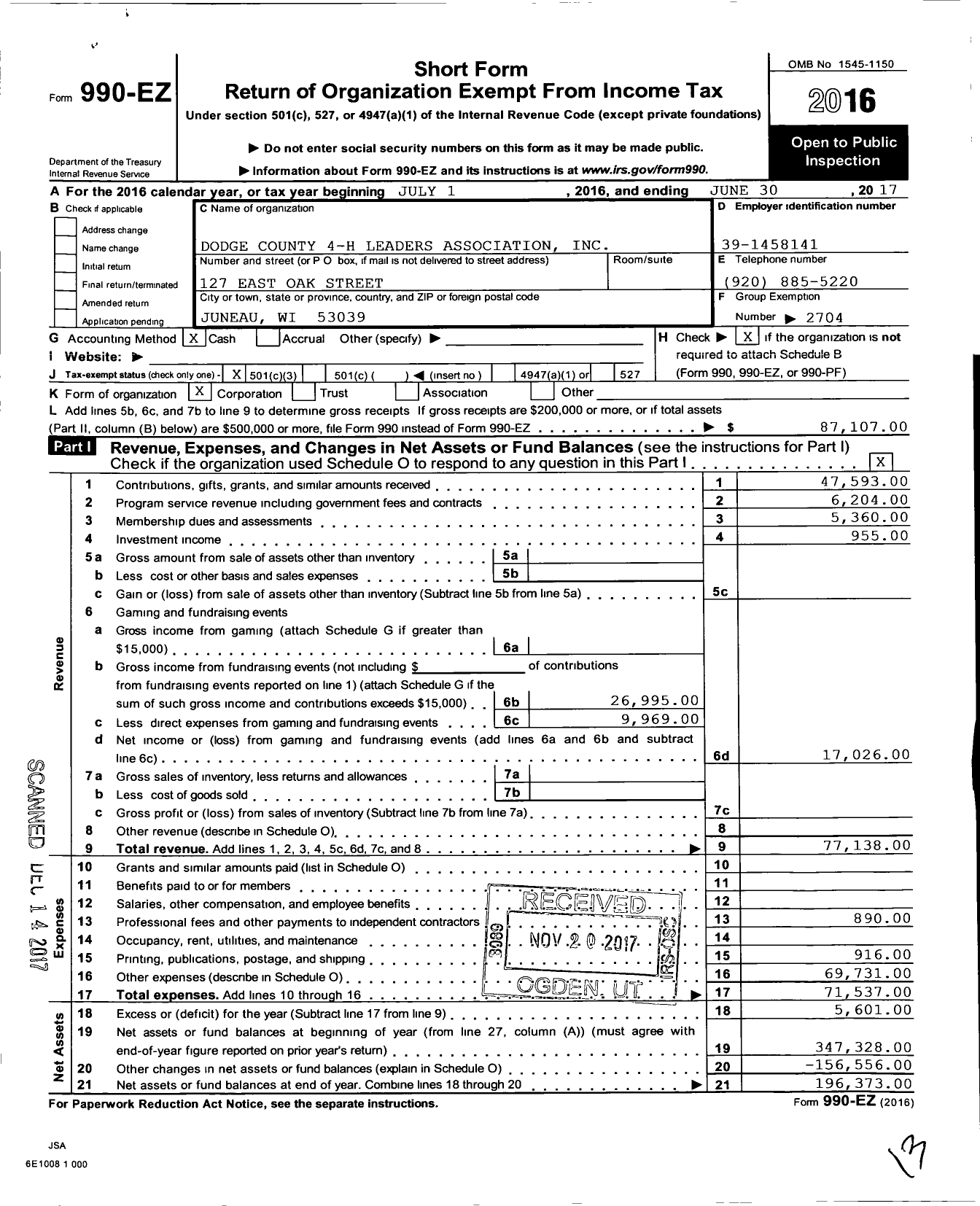 Image of first page of 2016 Form 990EZ for Board of Regents of the University of Wisconsin System / Dodge Co 4-H Leaders Assn