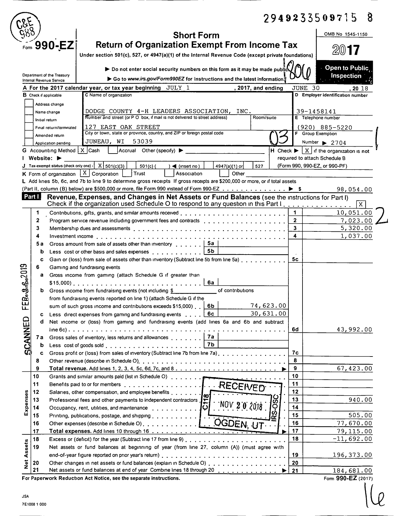 Image of first page of 2017 Form 990EZ for Board of Regents of the University of Wisconsin System / Dodge Co 4-H Leaders Assn