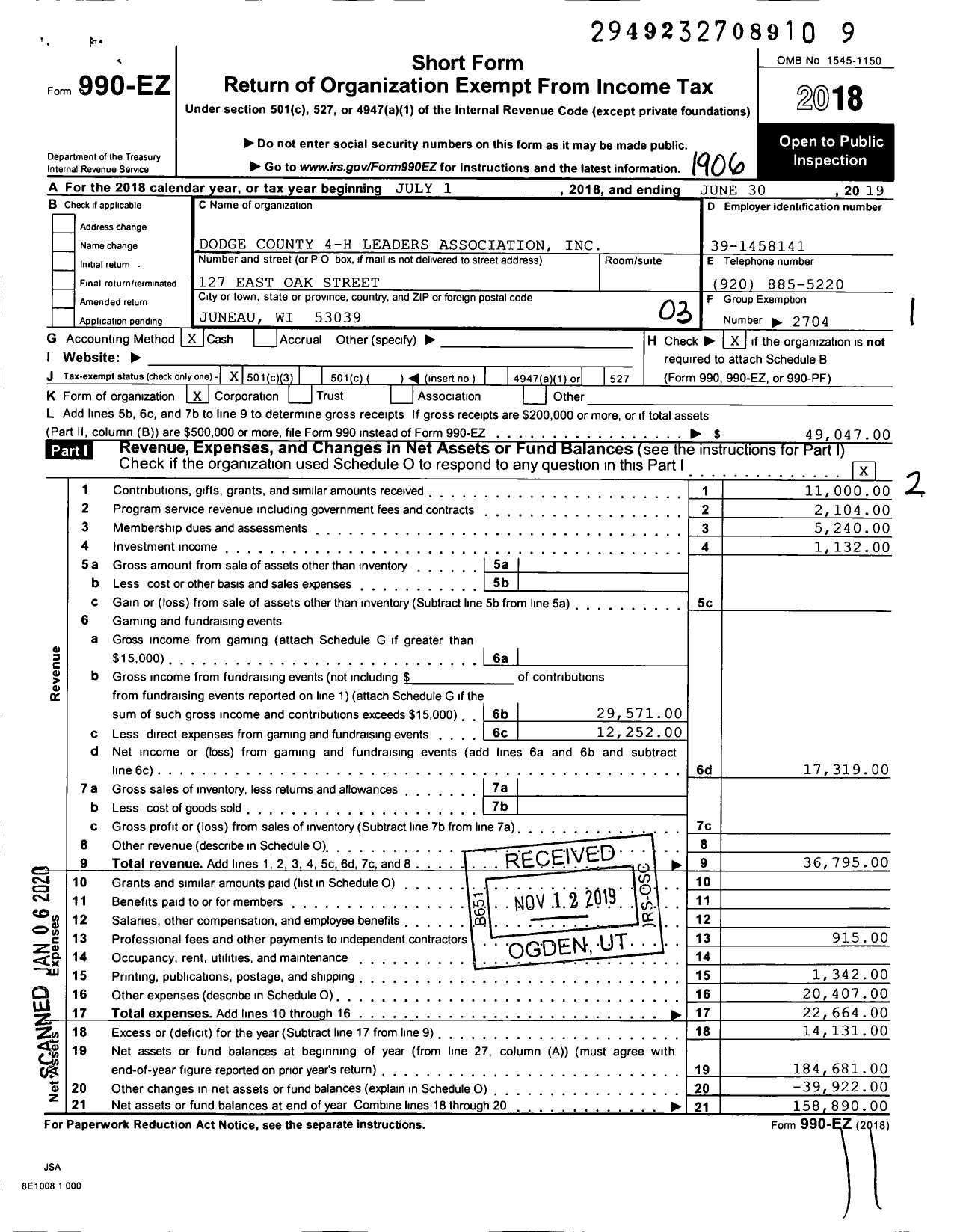 Image of first page of 2018 Form 990EZ for Board of Regents of the University of Wisconsin System / Dodge Co 4-H Leaders Assn