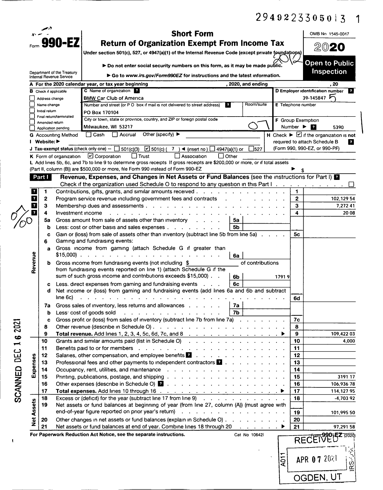 Image of first page of 2020 Form 990EO for BMW Car Club of America / Badger Bimmers Chapter