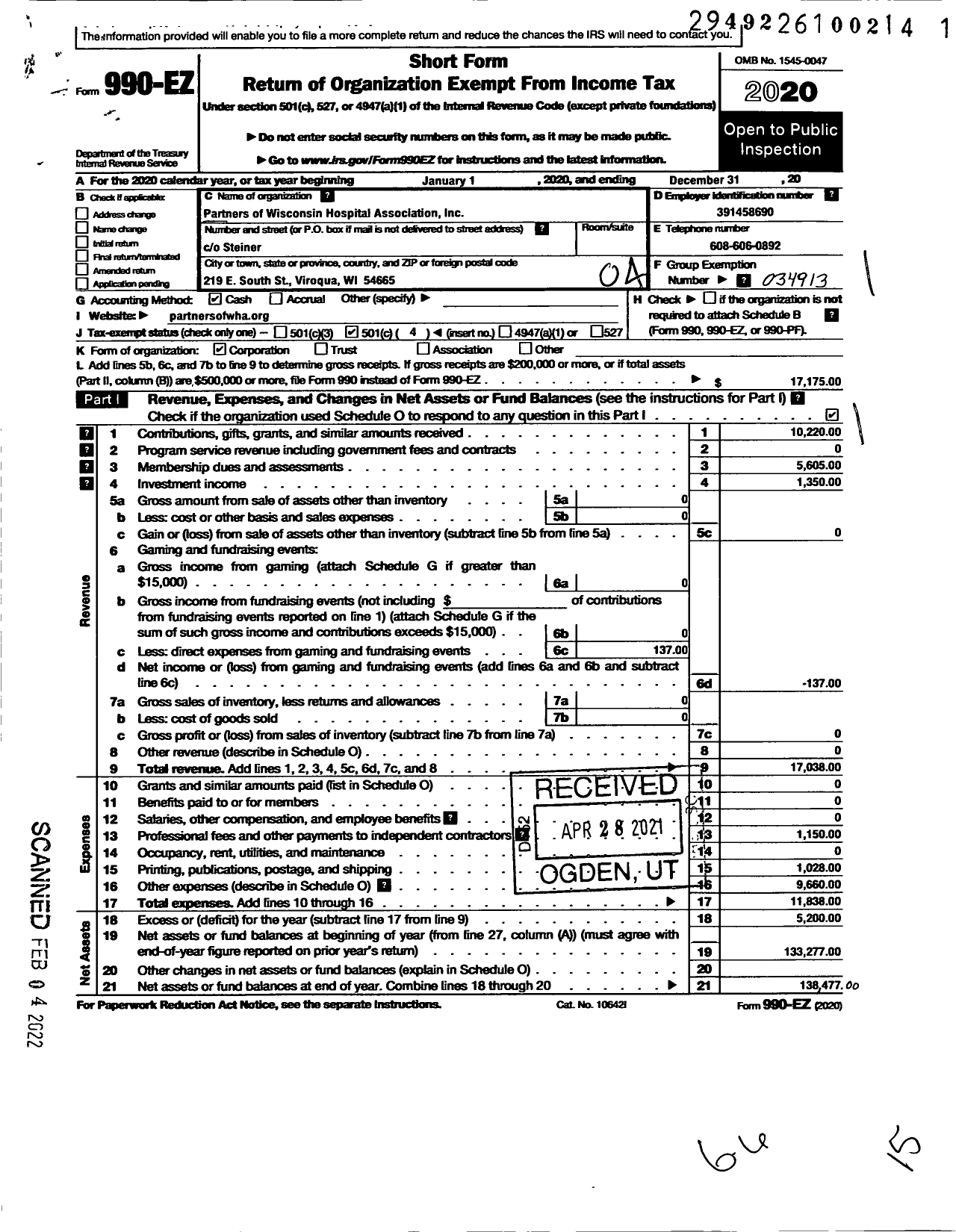 Image of first page of 2020 Form 990EO for Partners of Wisconsin Health and Hospital Association