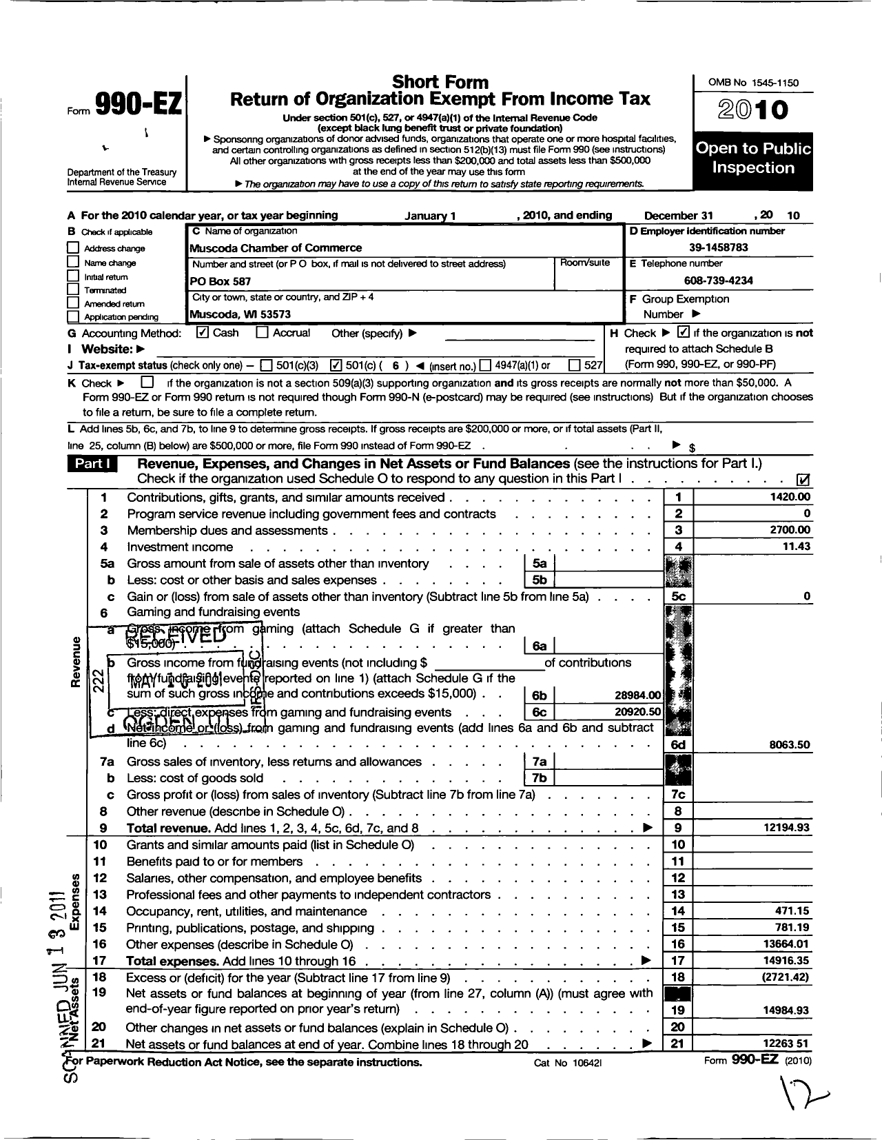 Image of first page of 2010 Form 990EO for Muscoda Chamber of Commerce