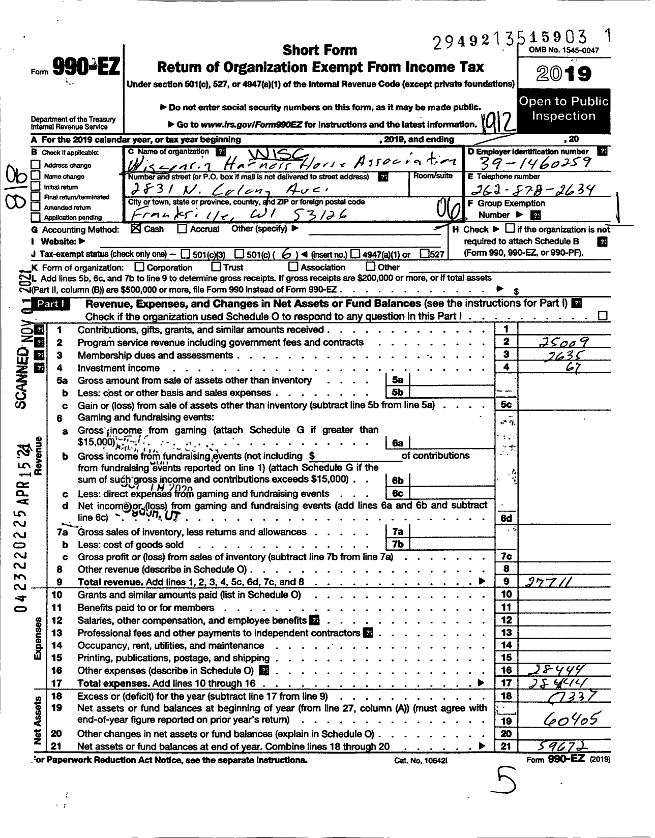 Image of first page of 2019 Form 990EO for Wisconsin Harness Horse Association