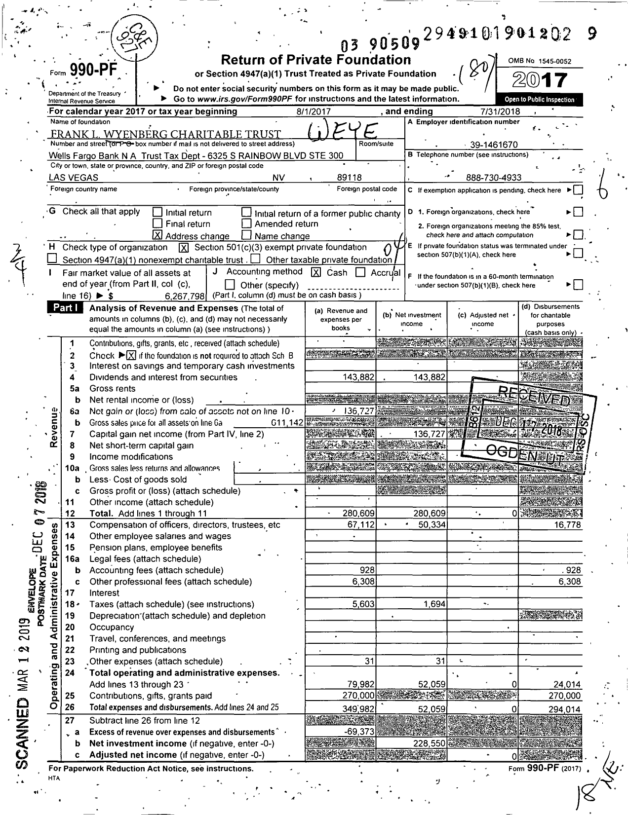 Image of first page of 2017 Form 990PF for Franks L Wyenberg Charitable Trust