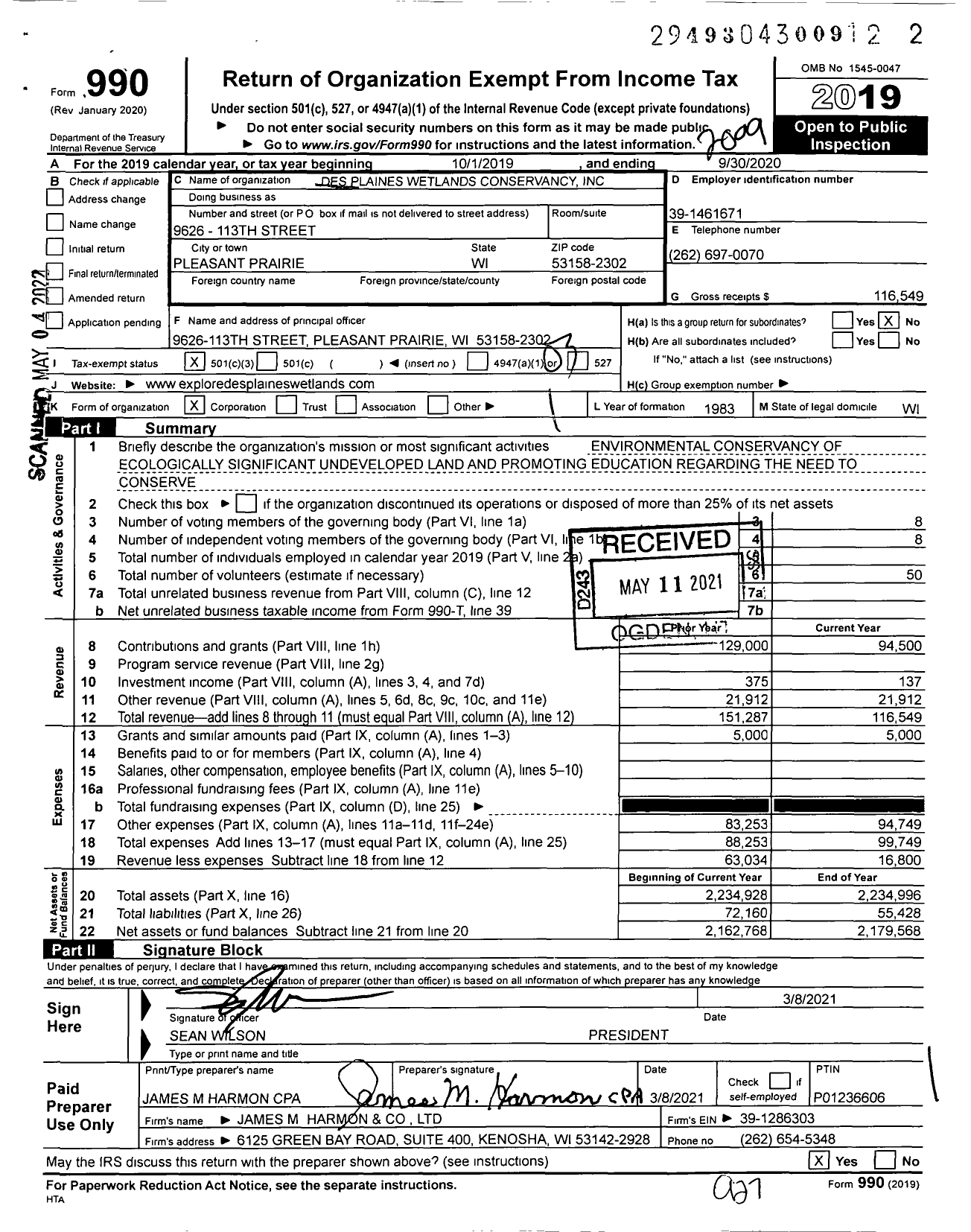 Image of first page of 2019 Form 990 for Des Plaines Wetlands Conservancy