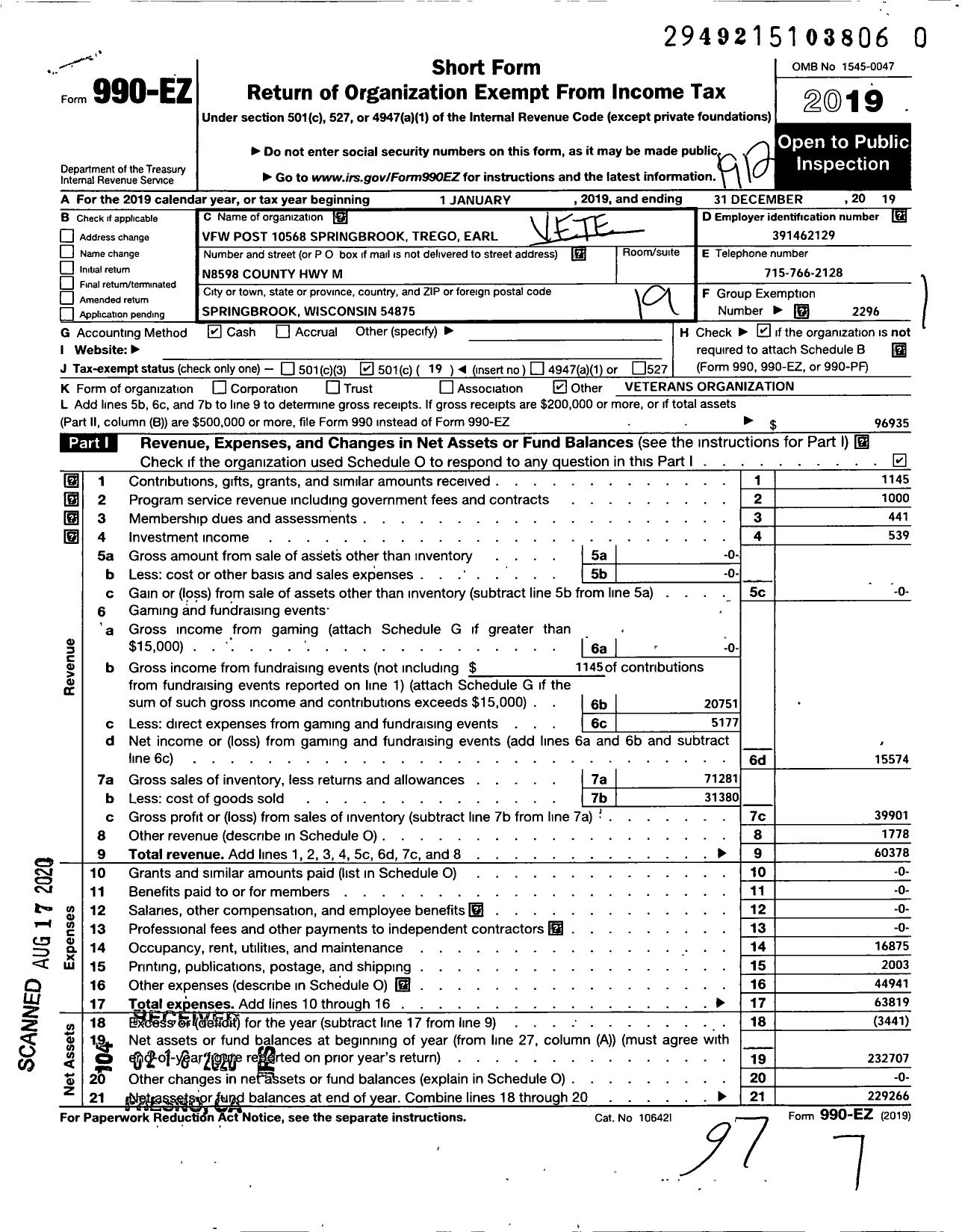 Image of first page of 2019 Form 990EO for VFW Wi - 10568 Springbrook Trego Earl