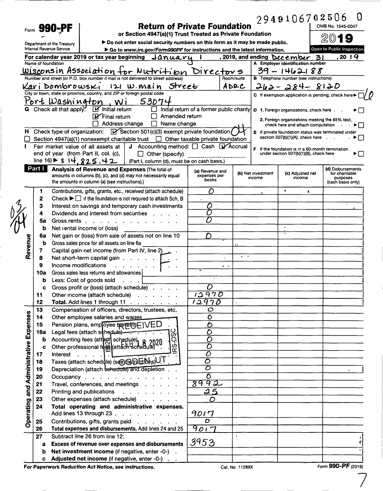 Image of first page of 2019 Form 990PR for Wisconsin Association of Nutrition Directors (WAND)