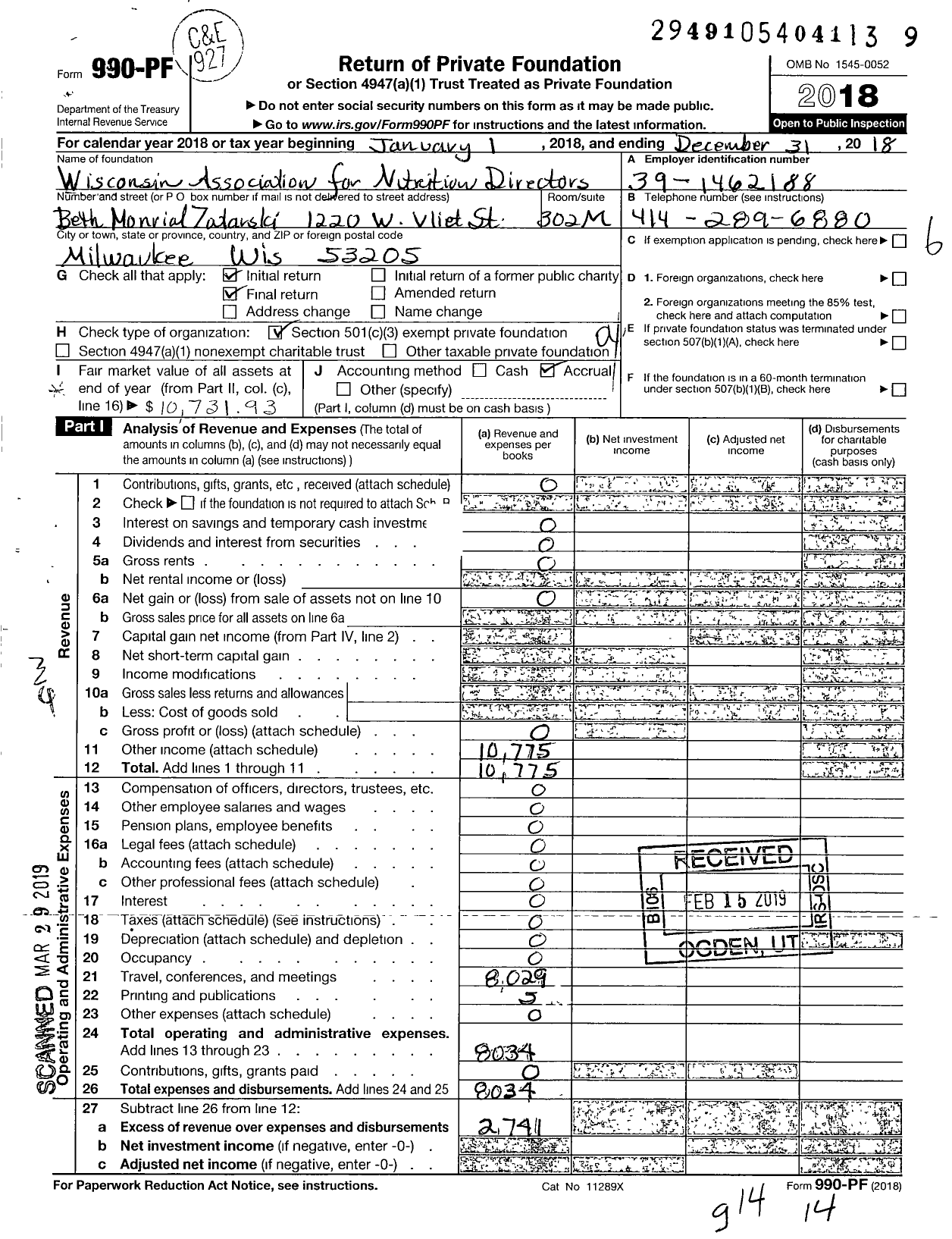 Image of first page of 2018 Form 990PF for Wisconsin Association of Nutrition Directors (WAND)