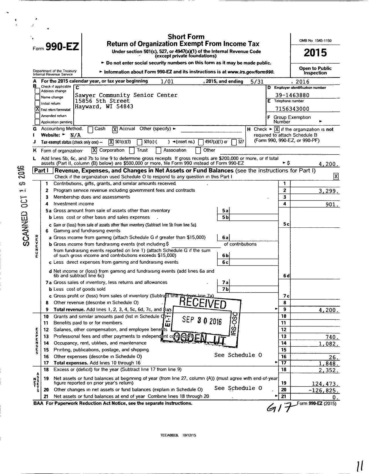 Image of first page of 2015 Form 990EZ for Sawyer Community Senior Center