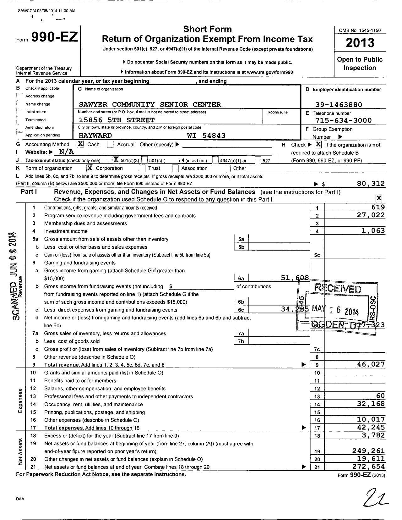 Image of first page of 2013 Form 990EZ for Sawyer Community Senior Center