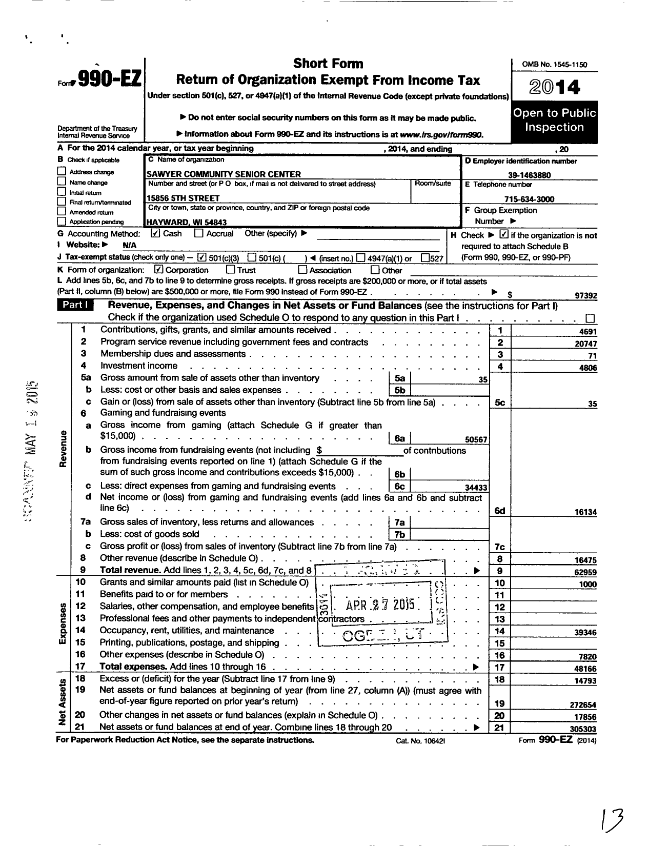 Image of first page of 2014 Form 990EZ for Sawyer Community Senior Center