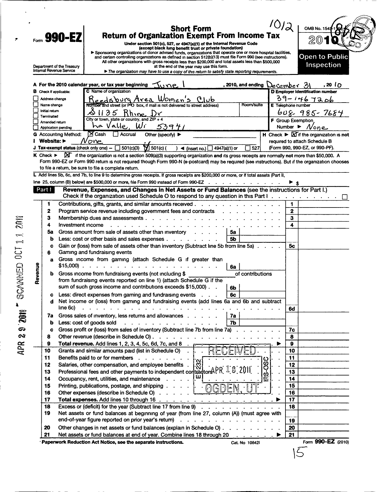 Image of first page of 2010 Form 990EO for Reedsburg Area Womens Club