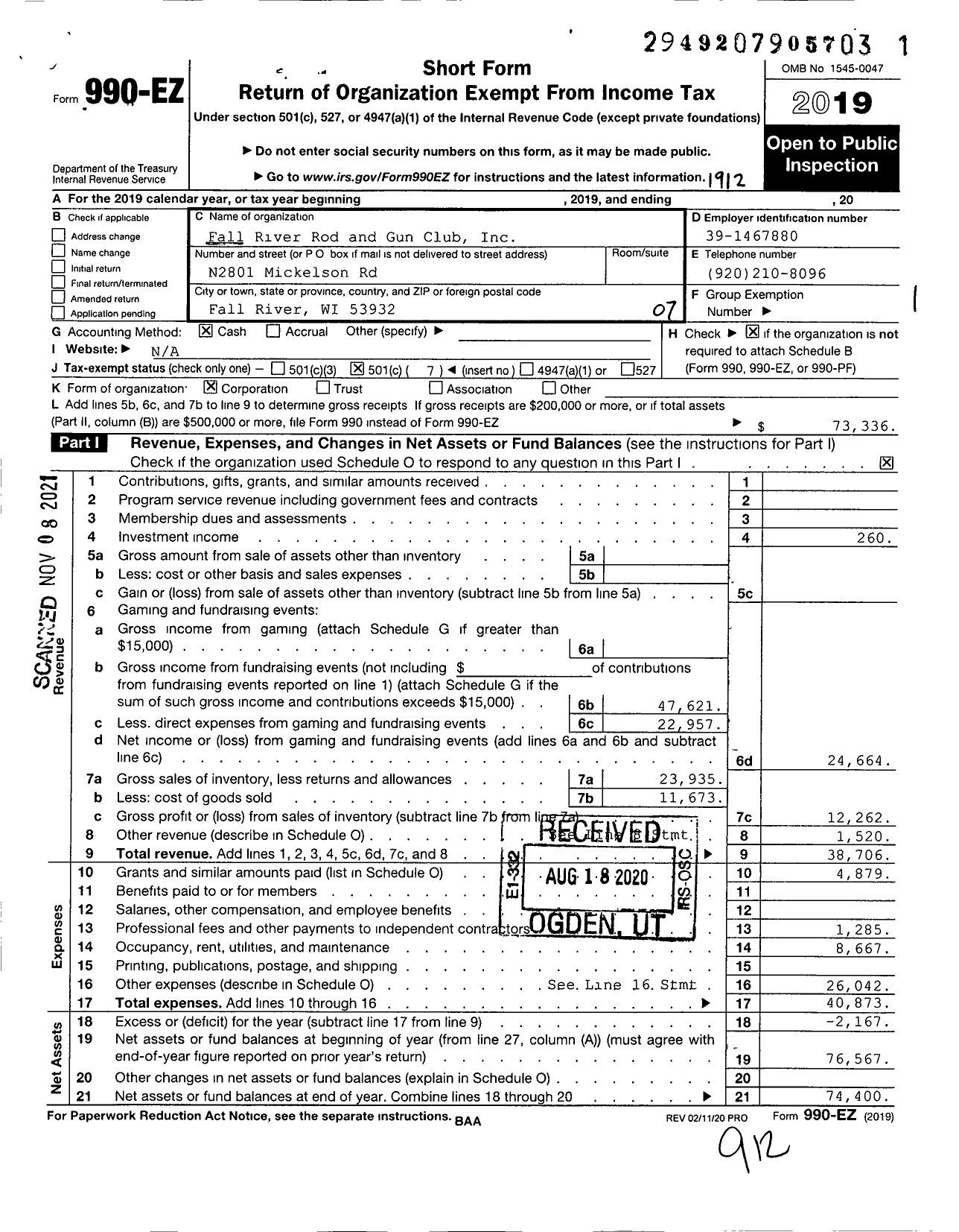 Image of first page of 2019 Form 990EO for Fall River Rod and Gun Club