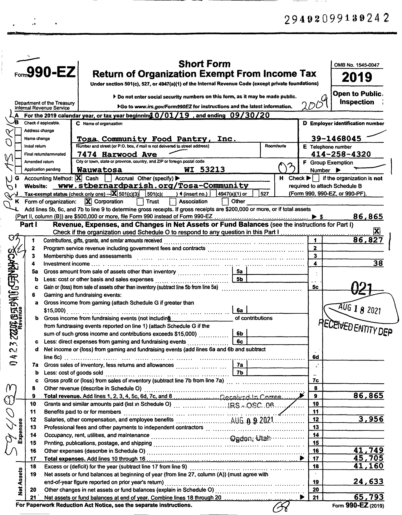 Image of first page of 2019 Form 990EZ for Tosa Community Food Pantry