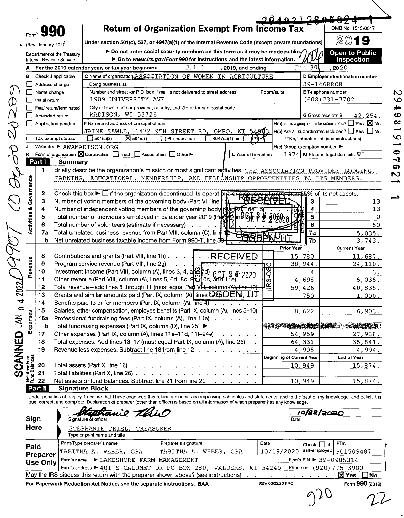 Image of first page of 2019 Form 990O for Association of Women in Agriculture