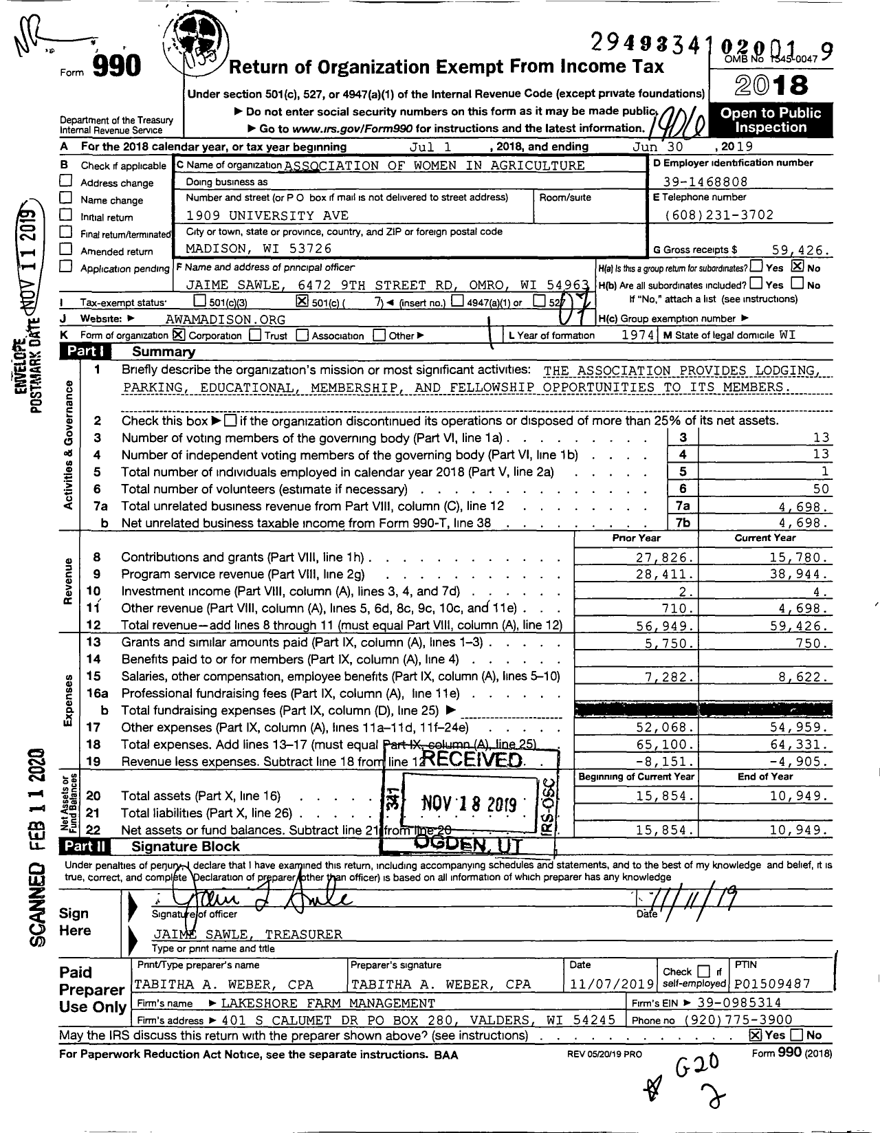 Image of first page of 2018 Form 990O for Association of Women in Agriculture