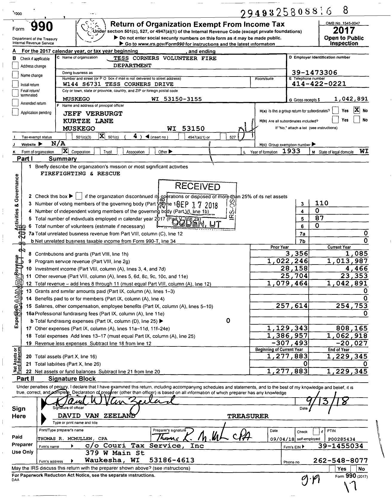 Image of first page of 2017 Form 990O for Tess Corners Volunteer Fire Department