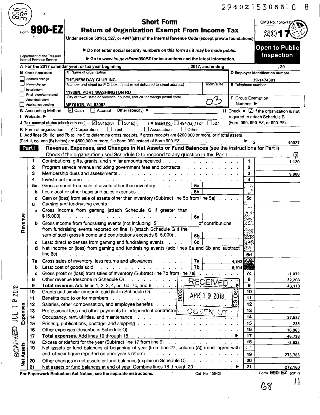 Image of first page of 2017 Form 990EZ for The New Day Club