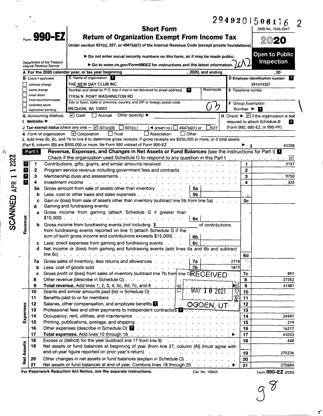 Image of first page of 2020 Form 990EZ for The New Day Club